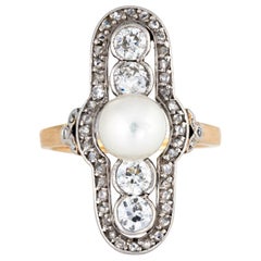 Edwardian Diamond Pearl Ring Platinum 14 Karat Gold Elongated Vintage Fine