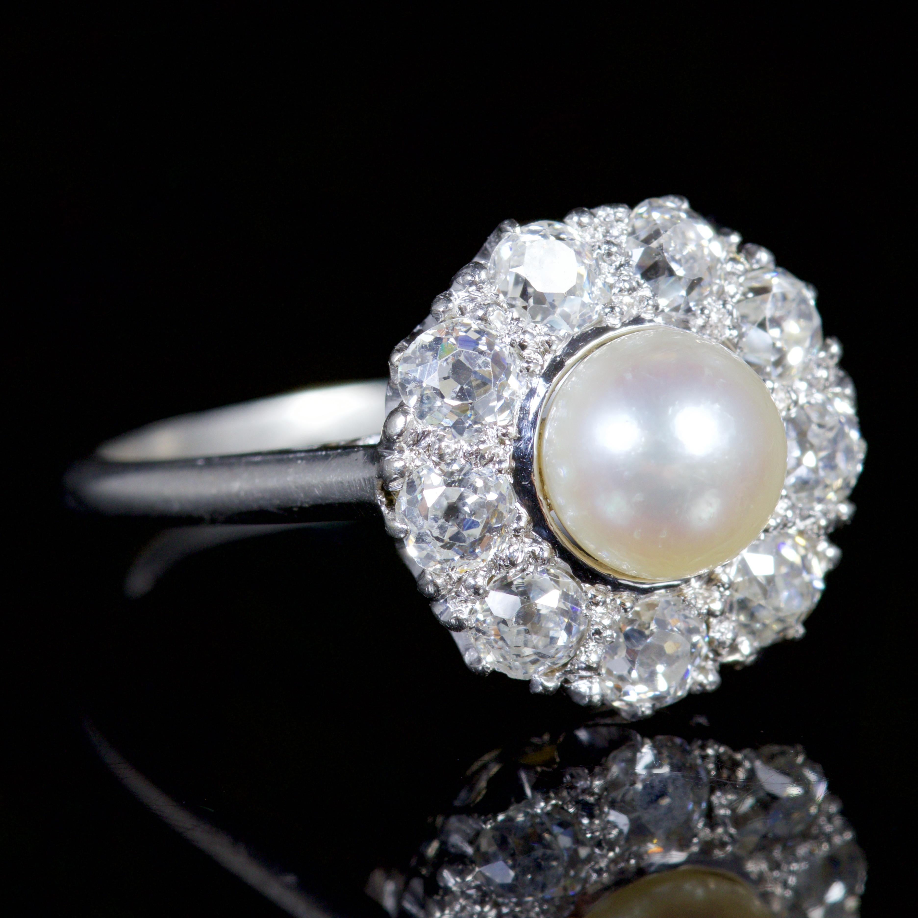 Antique Edwardian Diamond Pearl Ring Platinum Ring, circa 1915 In Excellent Condition For Sale In Lancaster, Lancashire