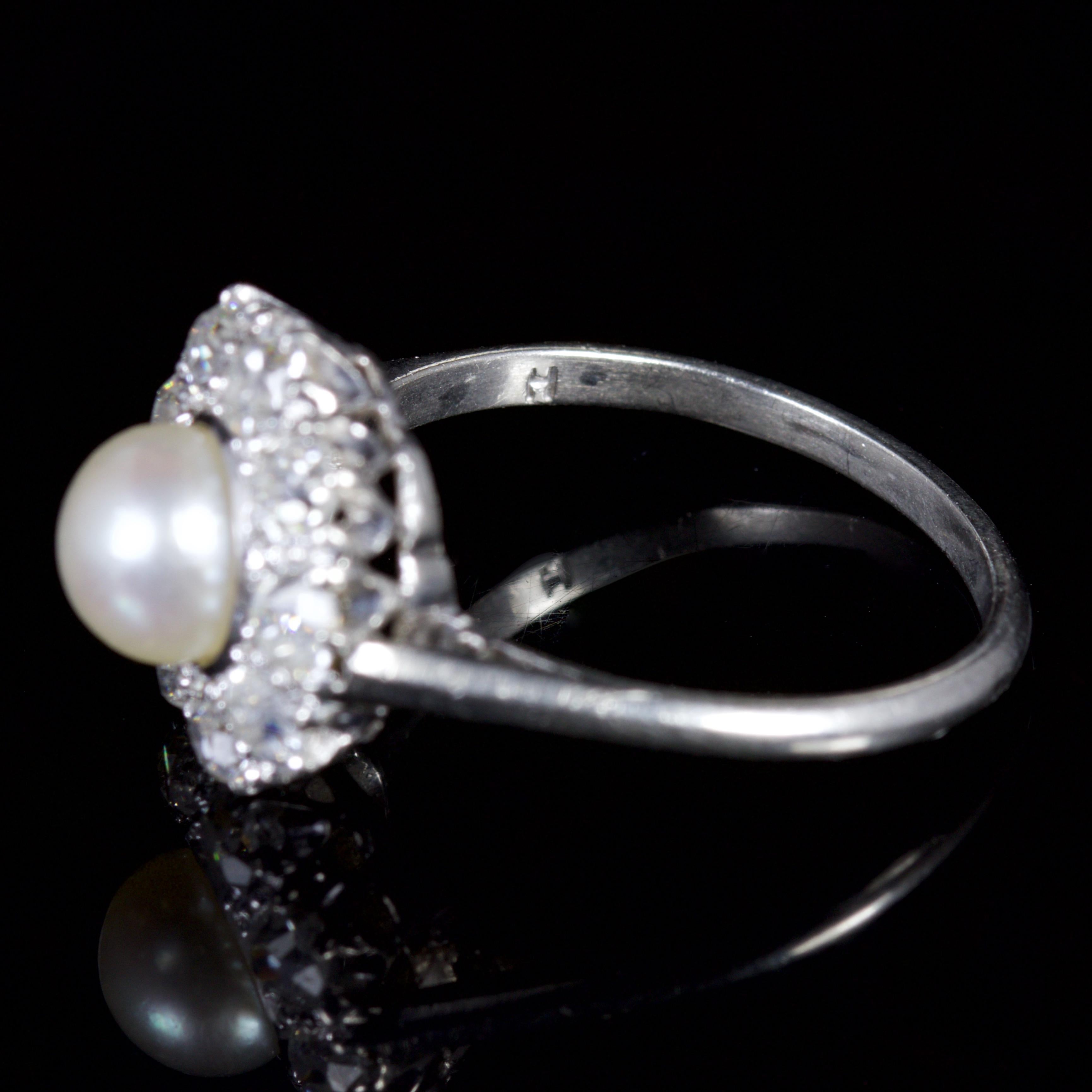 Women's Antique Edwardian Diamond Pearl Ring Platinum Ring, circa 1915 For Sale