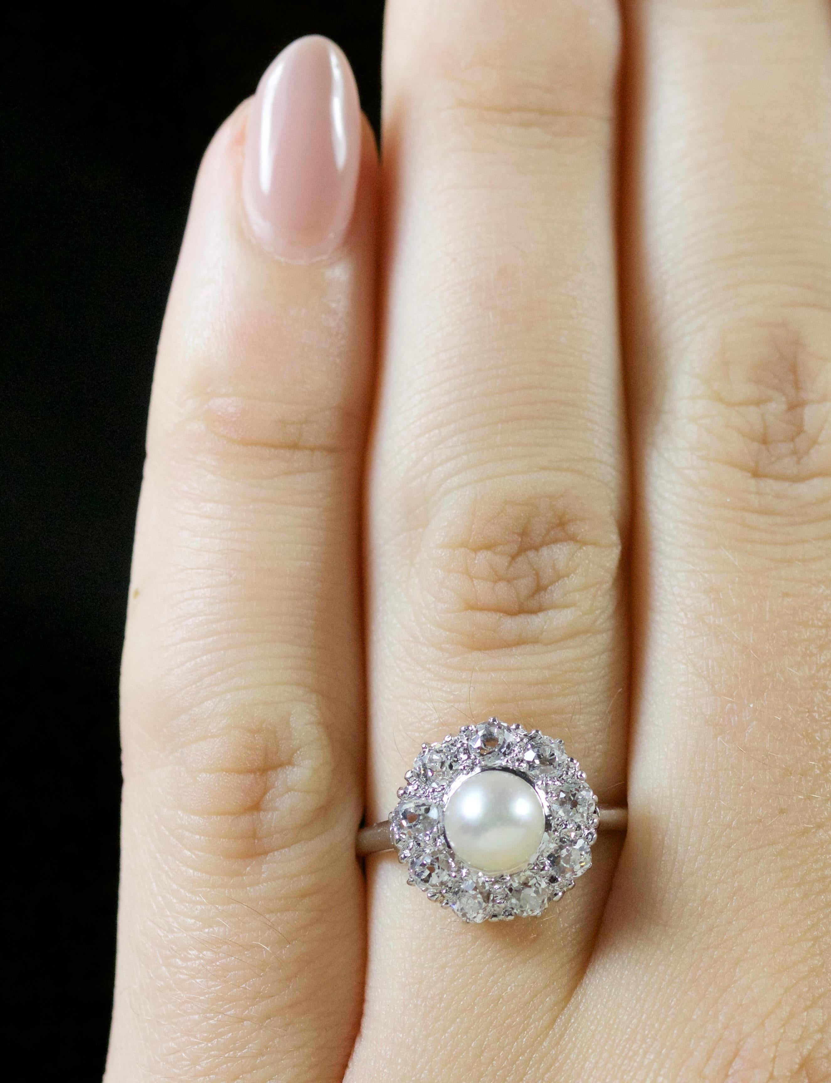 Antique Edwardian Diamond Pearl Ring Platinum Ring, circa 1915 For Sale 2