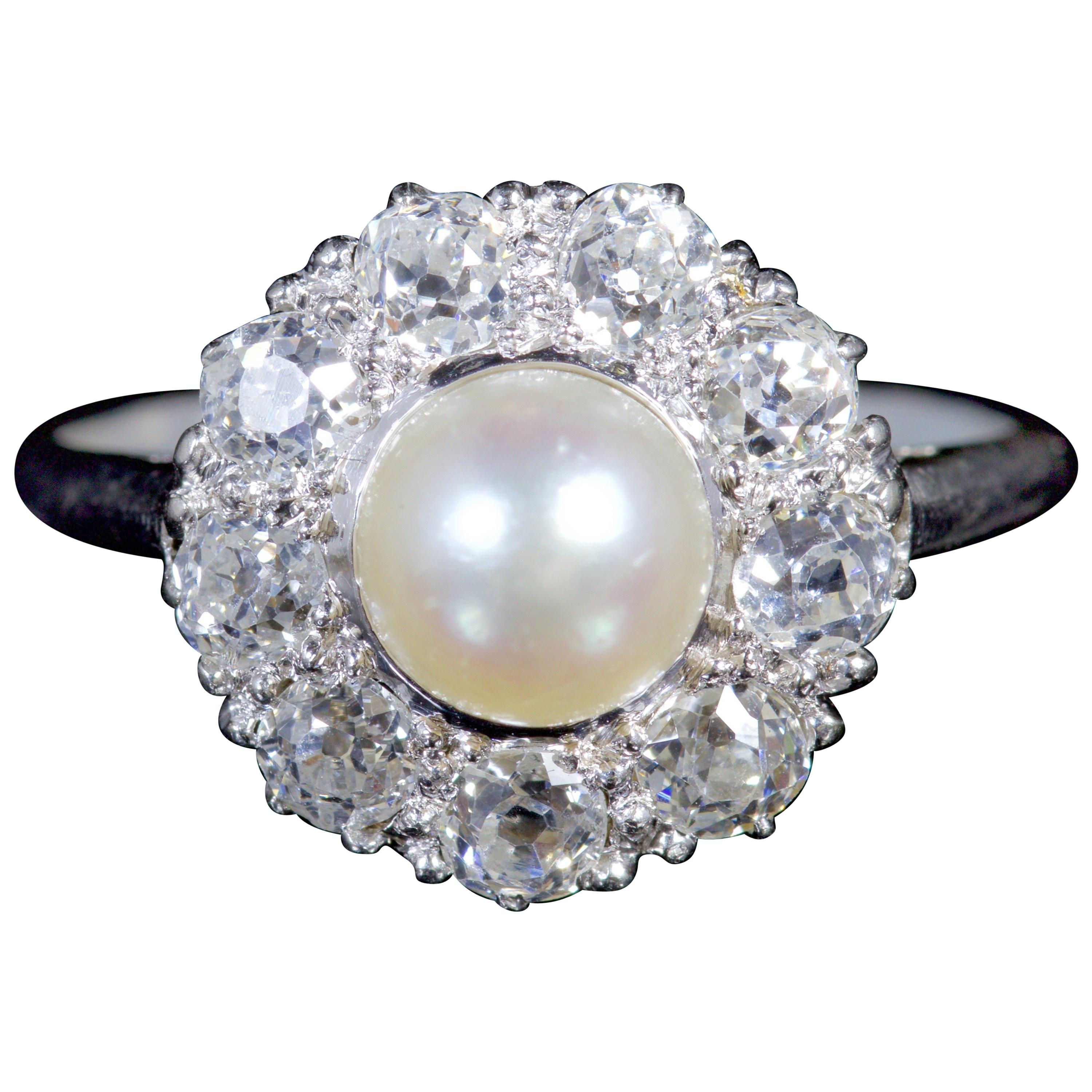 Antique Edwardian Diamond Pearl Ring Platinum Ring, circa 1915 For Sale