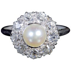 Antique Edwardian Diamond Pearl Ring Platinum Ring, circa 1915