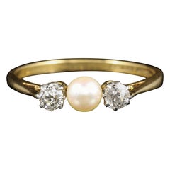 Antique Edwardian Diamond Pearl Trilogy Ring, circa 1915 18 Carat Gold Plated