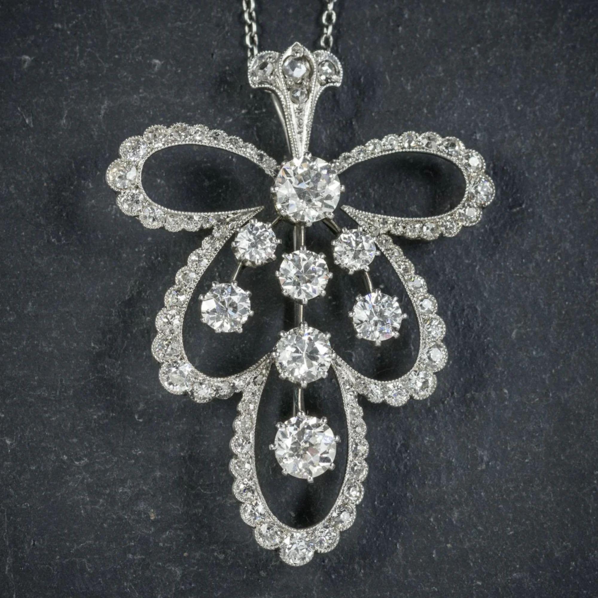 Old European Cut Antique Edwardian Diamond Pendant Necklace Platinum Brooch in 4cts of Diamond For Sale