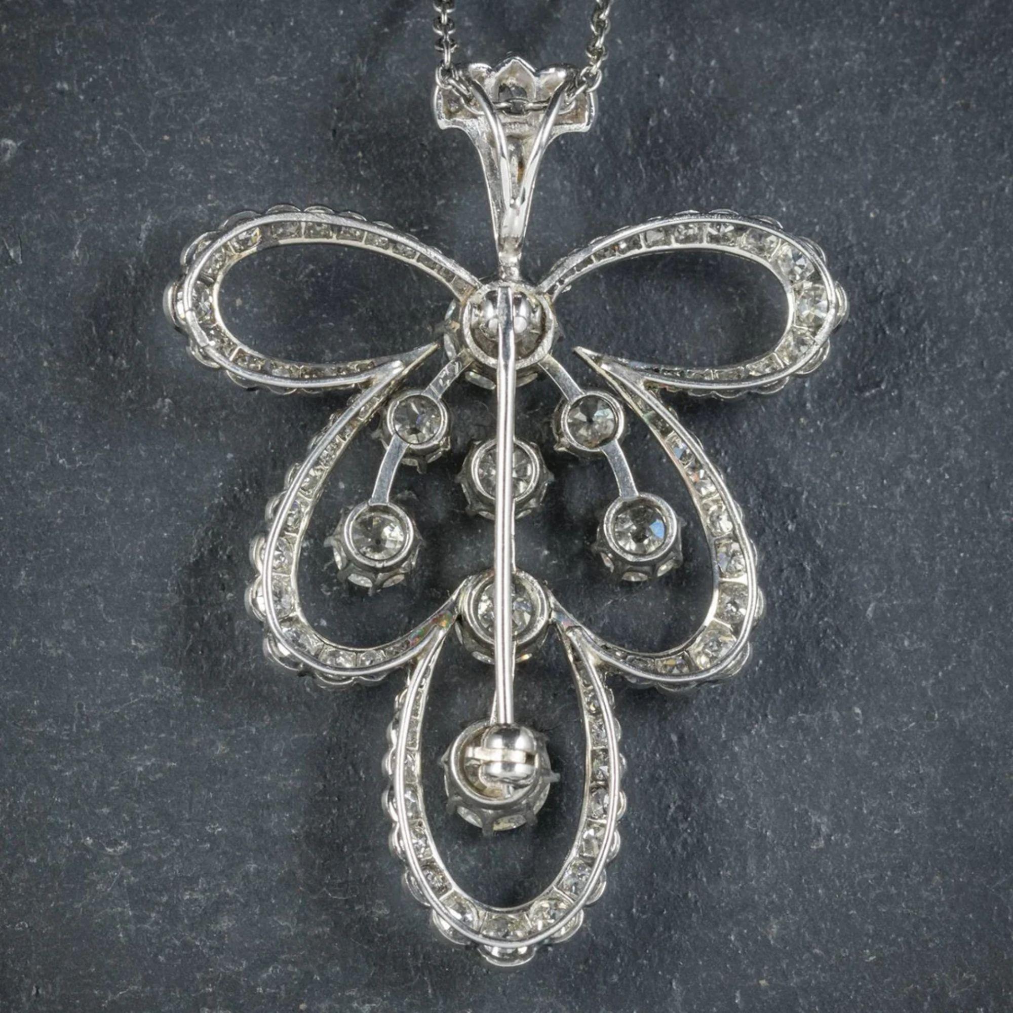 Antique Edwardian Diamond Pendant Necklace Platinum Brooch in 4cts of Diamond In Good Condition For Sale In Kendal, GB