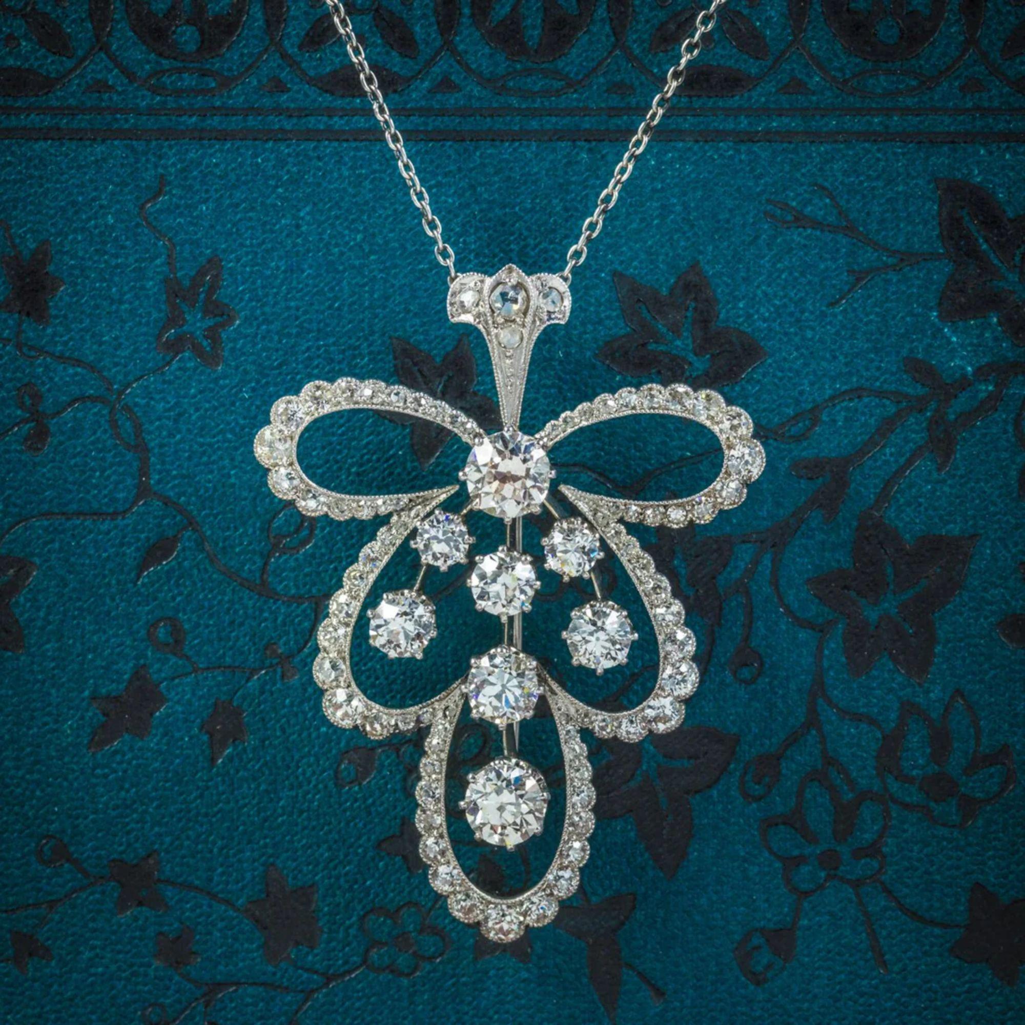 Antique Edwardian Diamond Pendant Necklace Platinum Brooch in 4cts of Diamond For Sale 3
