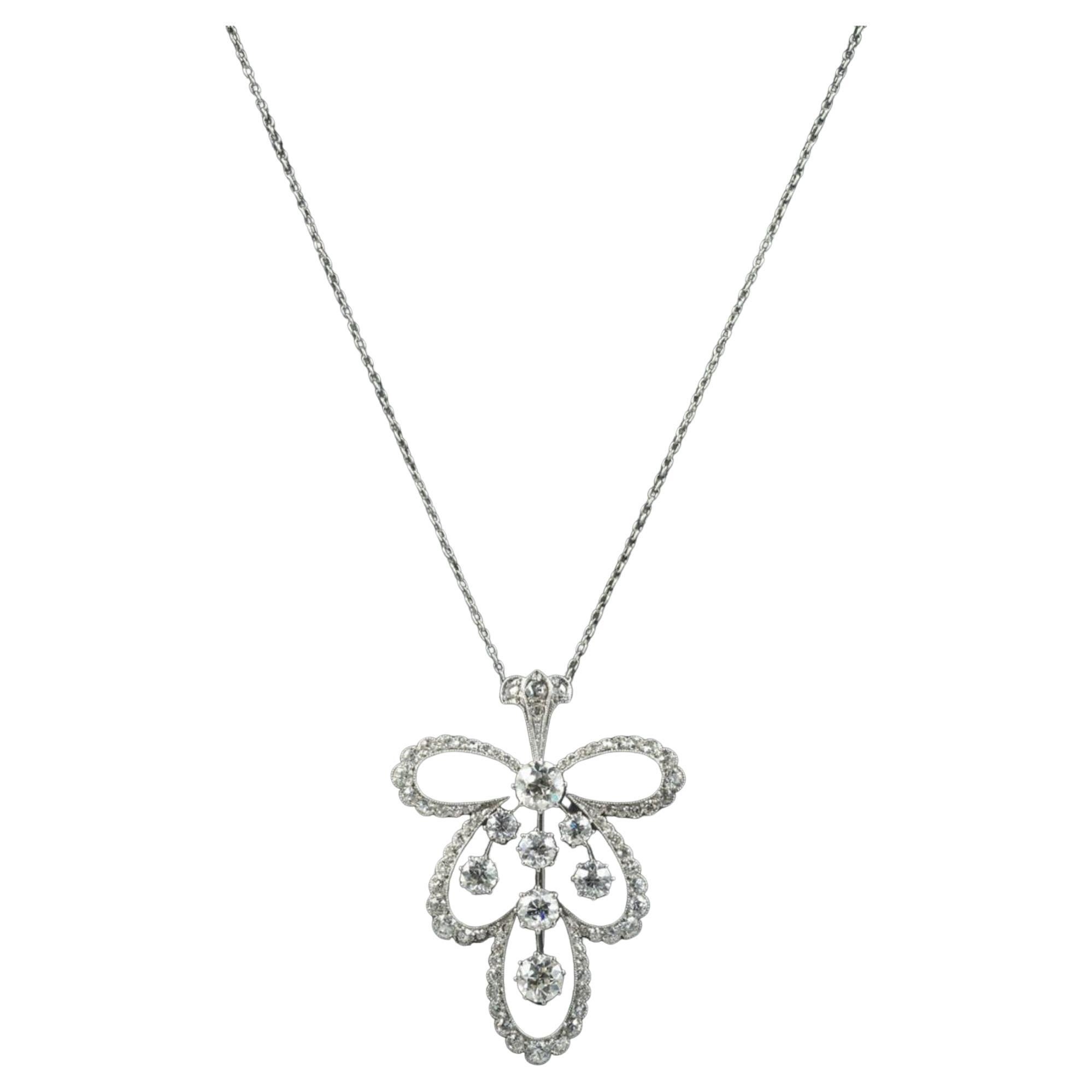 Antique Edwardian Diamond Pendant Necklace Platinum Brooch in 4cts of Diamond For Sale