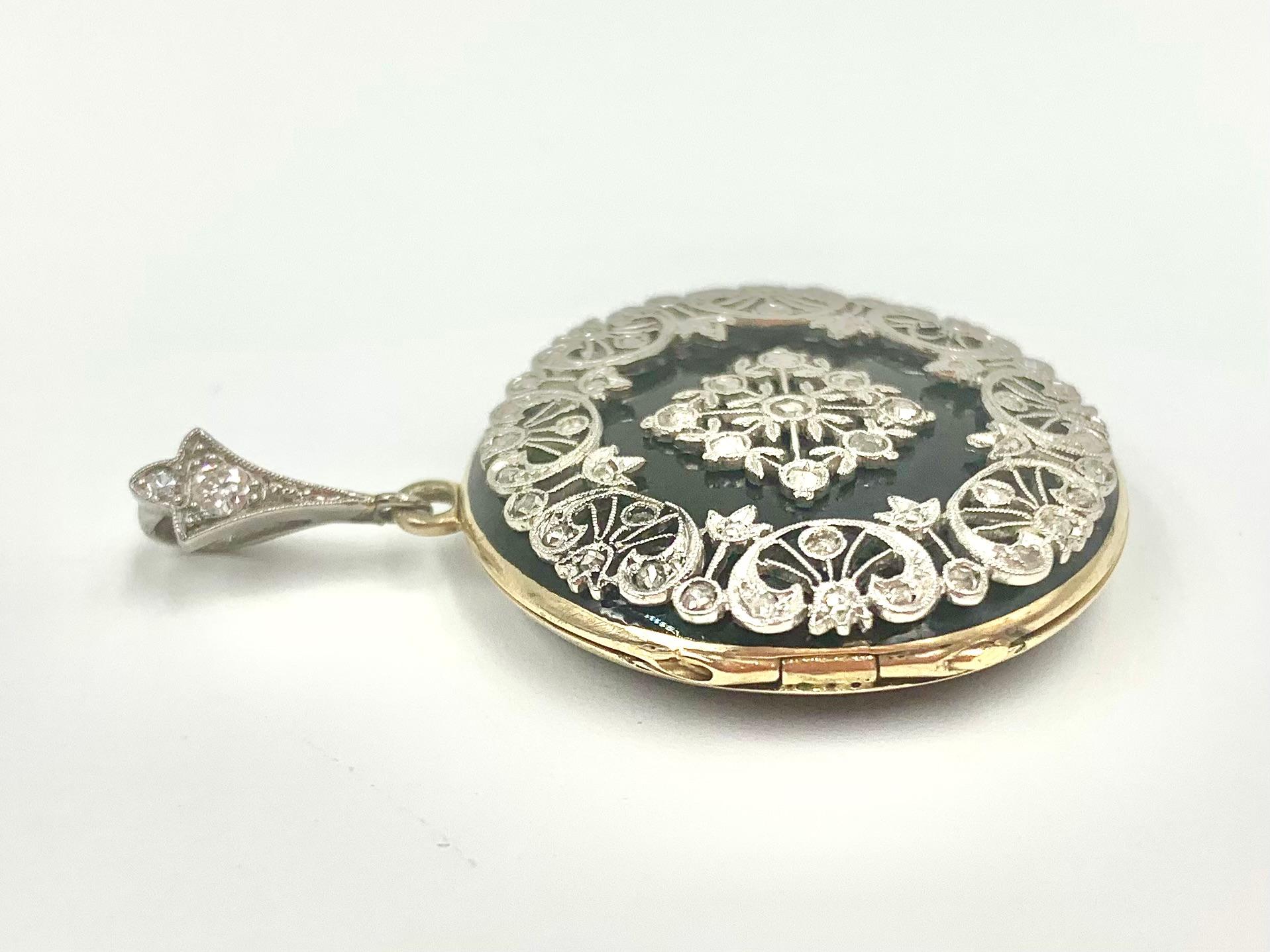 Antique Edwardian Diamond Platinum Enamel 14K Yellow Gold Double Locket Pendant en venta 6