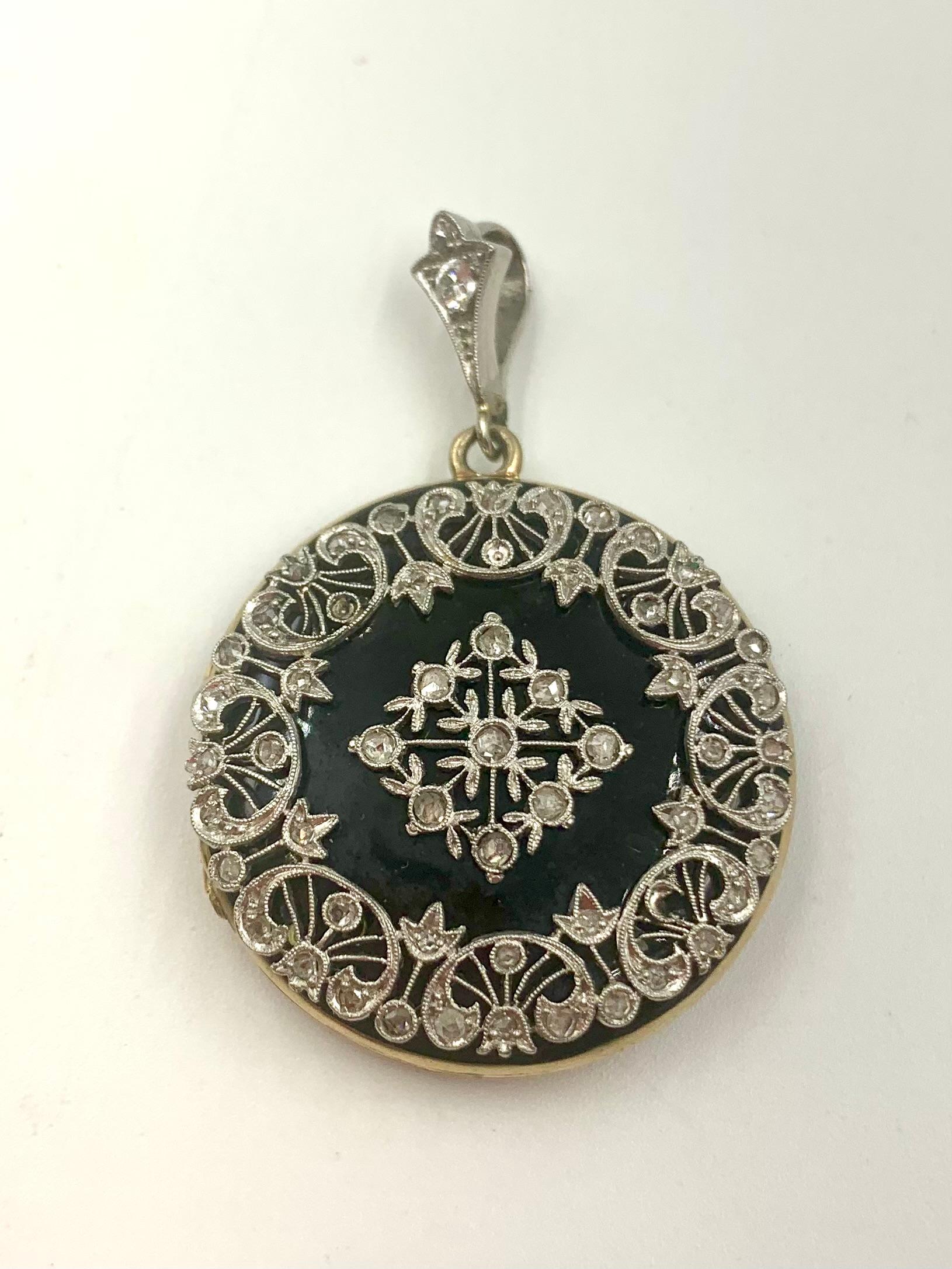 Antique Edwardian Diamond Platinum Enamel 14K Yellow Gold Double Locket Pendant en venta 8