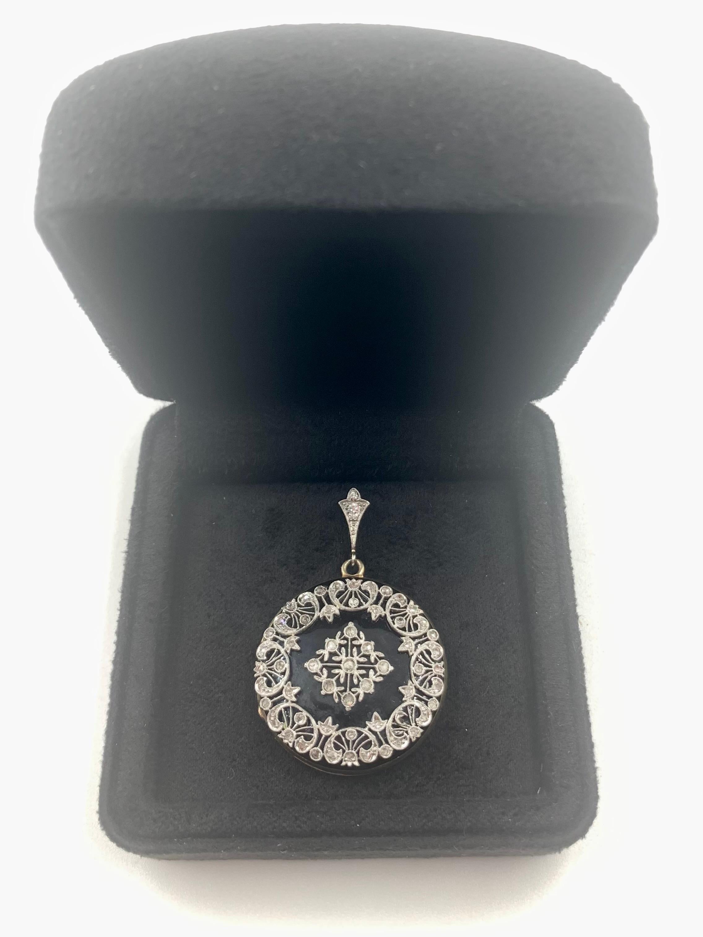 Antique Edwardian Diamond Platinum Enamel 14K Yellow Gold Double Locket Pendant en venta 10