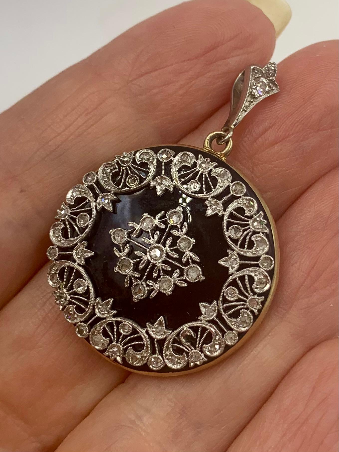 Antique Edwardian Diamond Platinum Enamel 14K Yellow Gold Double Locket Pendant en venta 1