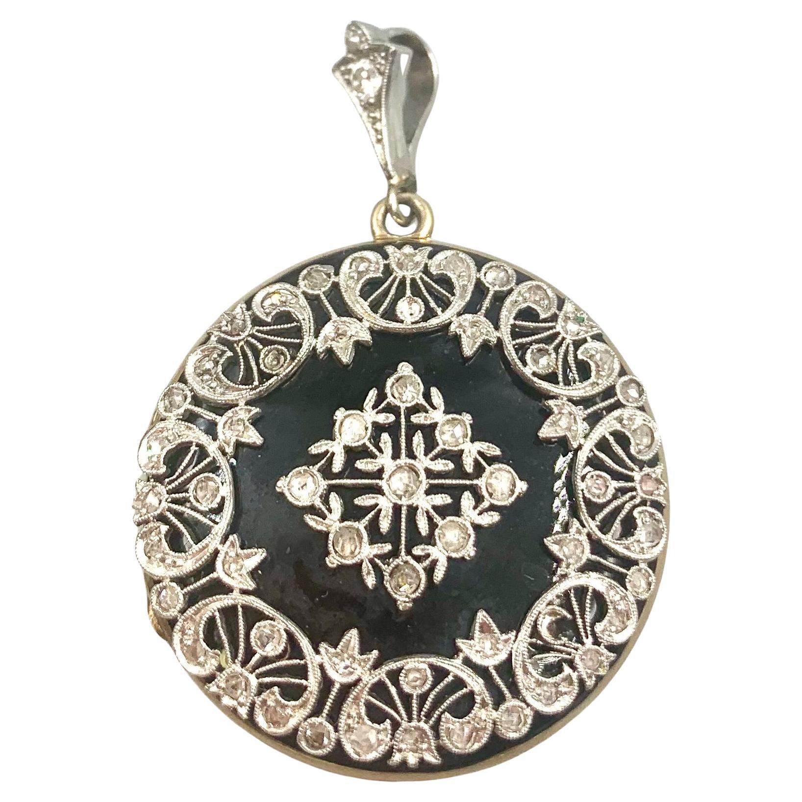 Antique Edwardian Diamond Platinum Enamel 14K Yellow Gold Double Locket Pendant en venta 2