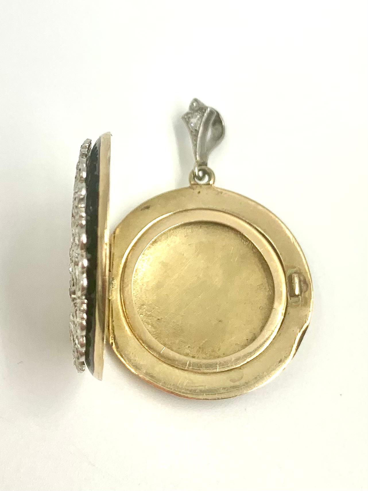 Antique Edwardian Diamond Platinum Enamel 14K Yellow Gold Double Locket Pendant en venta 3