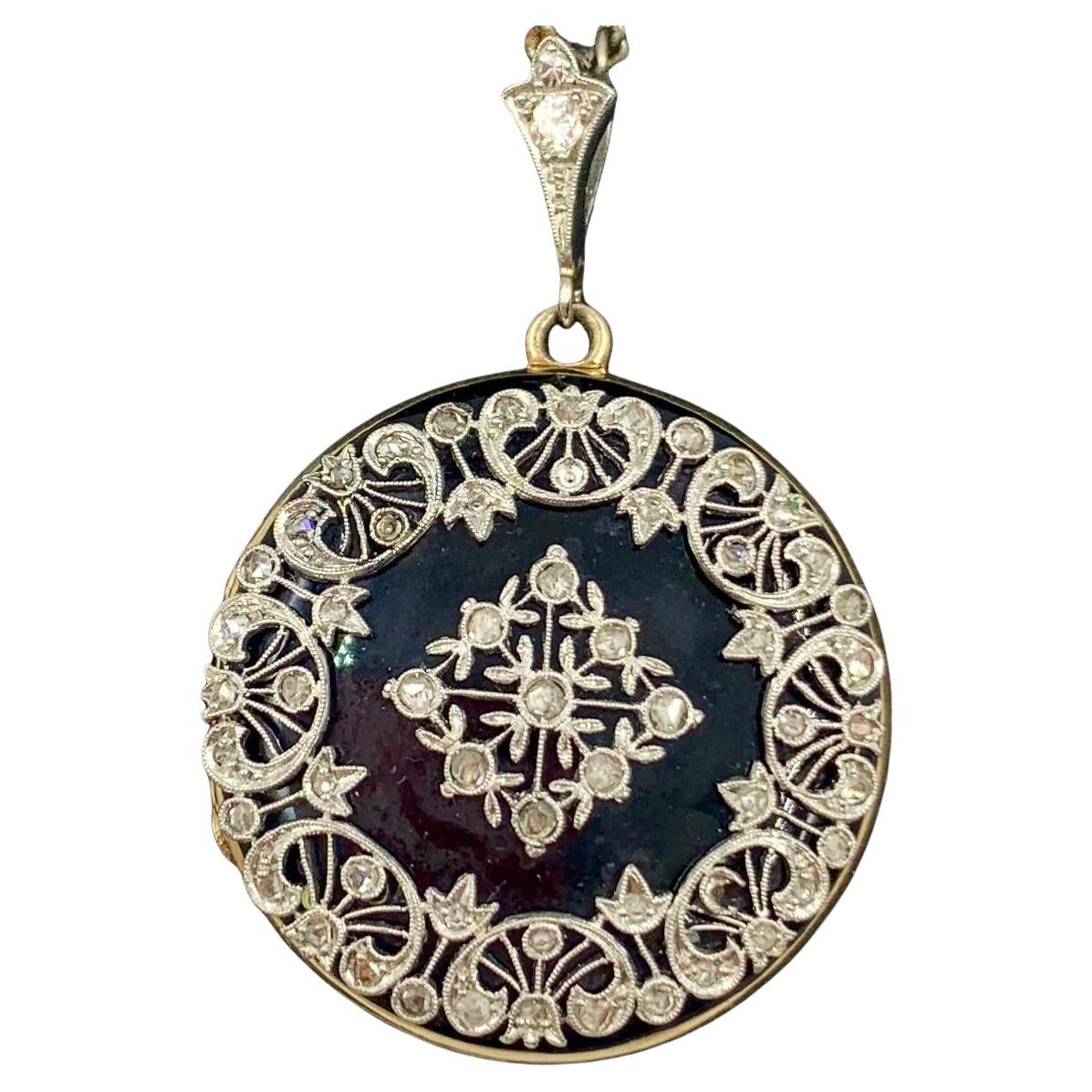 Antique Edwardian Diamond Platinum Enamel 14K Yellow Gold Double Locket Pendant