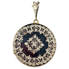 Antique Edwardian Diamond Platinum Enamel 14K Yellow Gold Double Locket Pendant