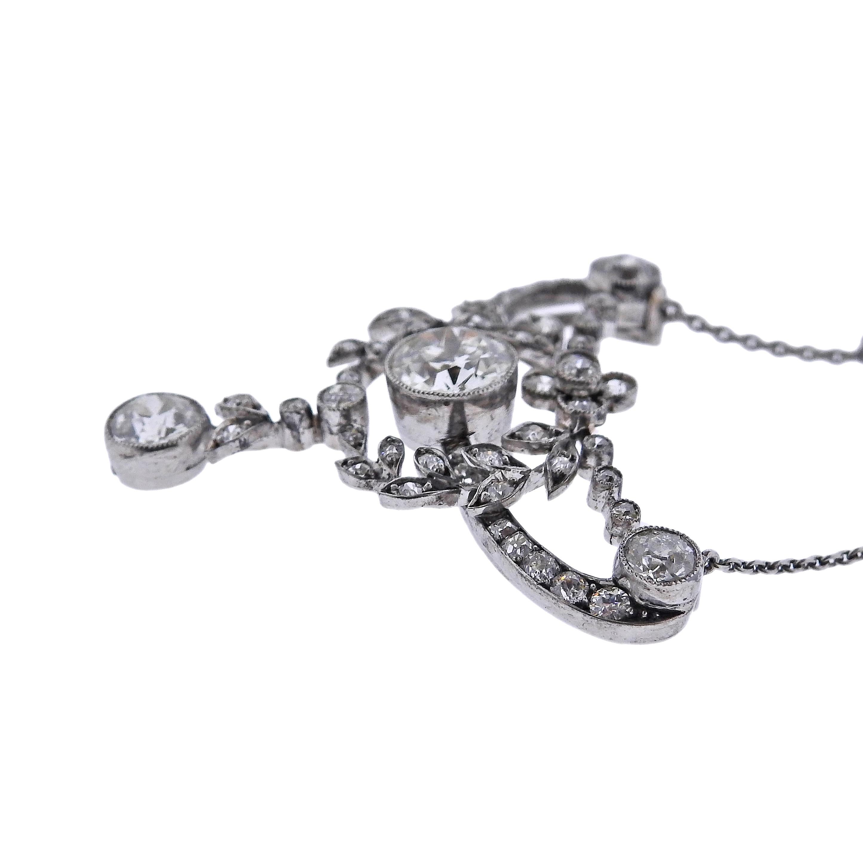 Old European Cut Antique Edwardian Diamond Platinum Pendant Necklace Brooch For Sale