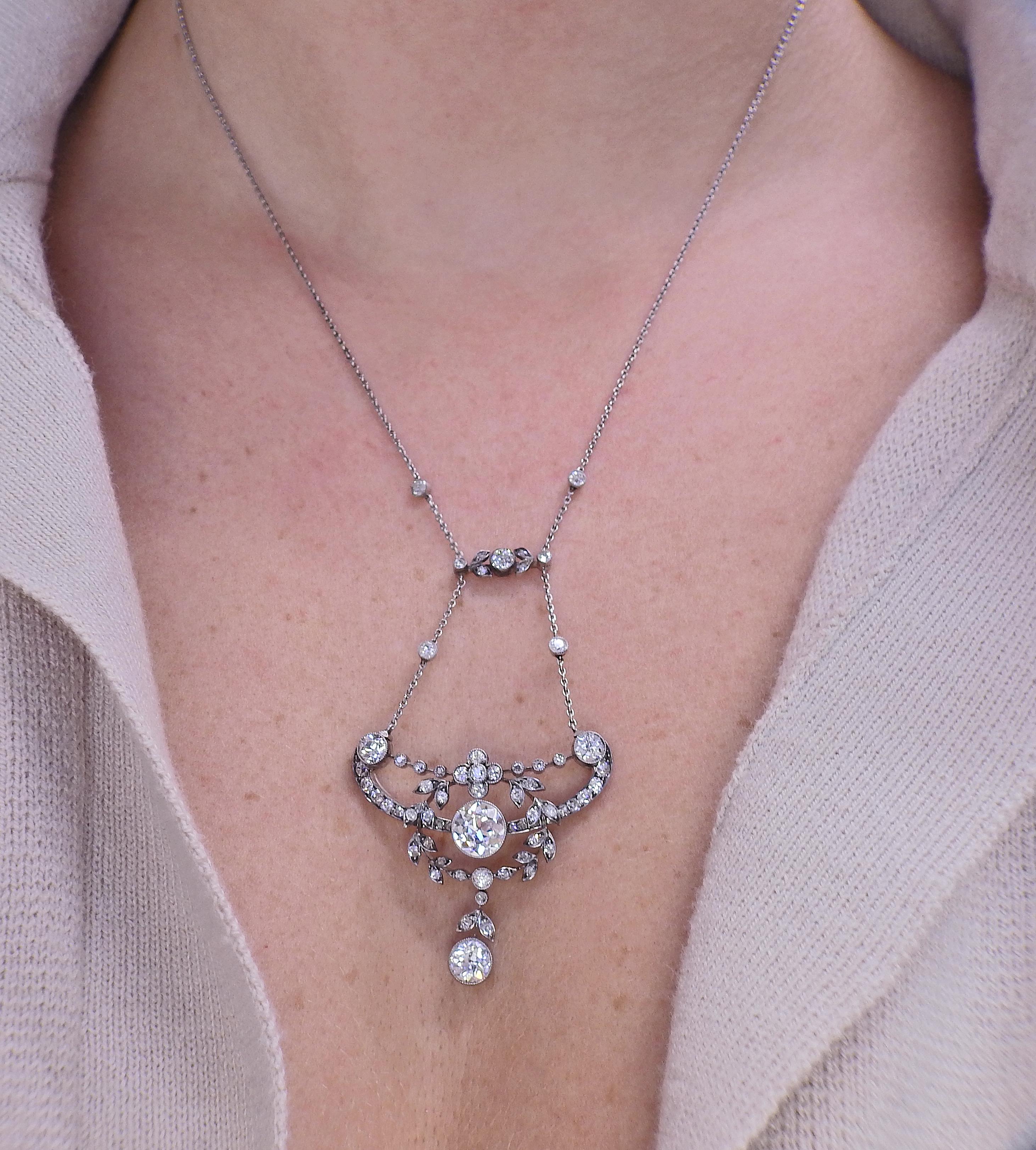 Women's Antique Edwardian Diamond Platinum Pendant Necklace Brooch For Sale