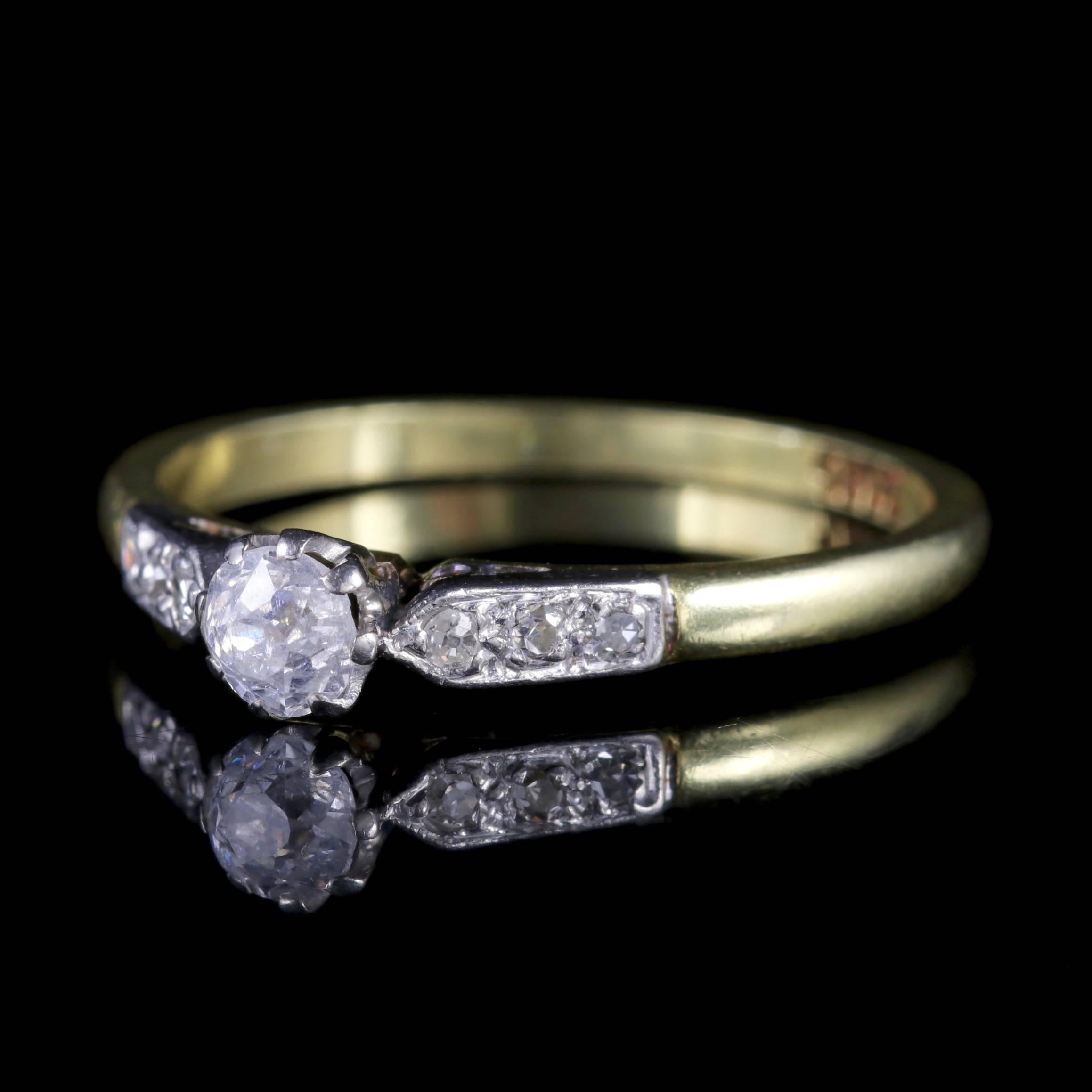 This genuine 18ct Gold antique Diamond ring is Edwardian Circa 1915. 

Set with a 0.20ct Old Cut Diamond in the centre with smaller Diamonds chasing down each shoulder. 

Diamond is the hardest mineral on Earth and this combined with its exceptional