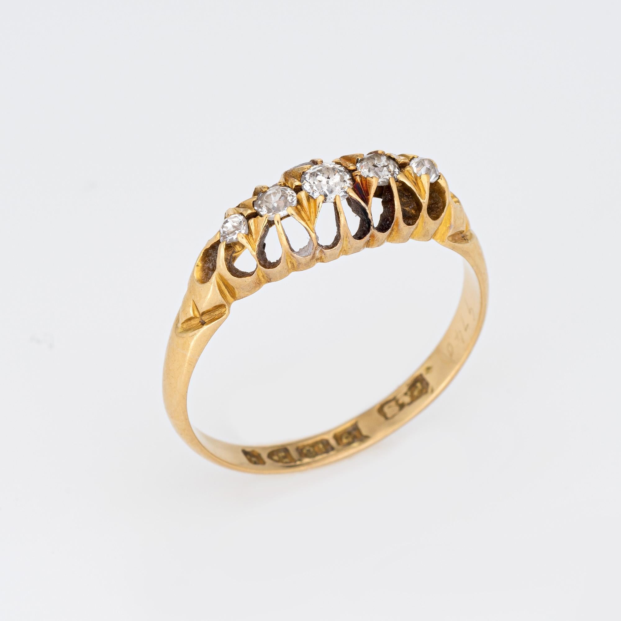 
Antique Edwardian 5 stone diamond ring (circa 1905), crafted in 18 karat yellow gold. 

Five old Mine cut diamonds total an estimated at 0.20 carats (estimated at I-J color and SI2-I1 clarity).

The old Mine cut diamonds are set in a classic 5