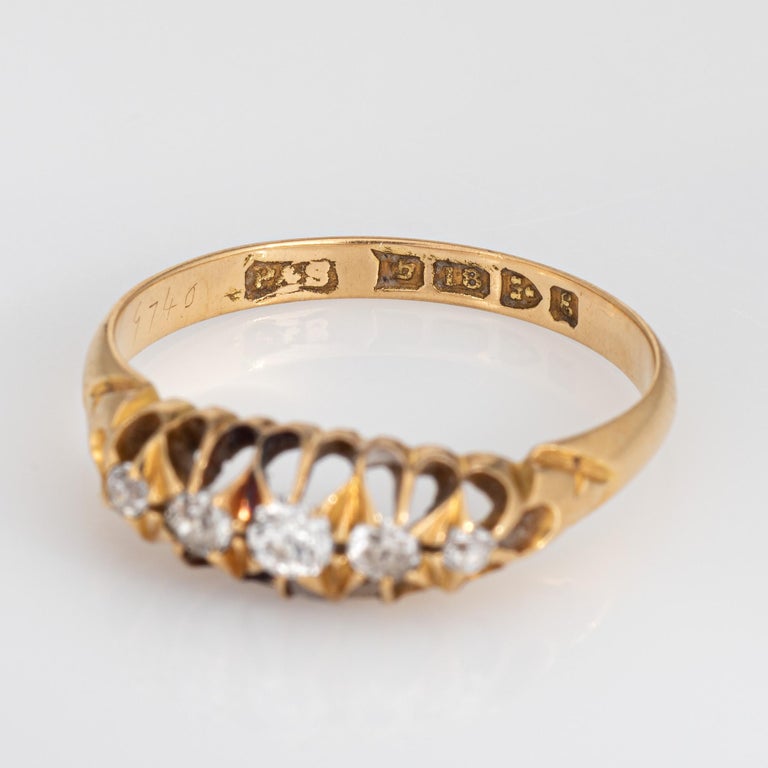 Antique Edwardian Diamond Ring c1905 5 Stone Band 18k Gold Jewelry
