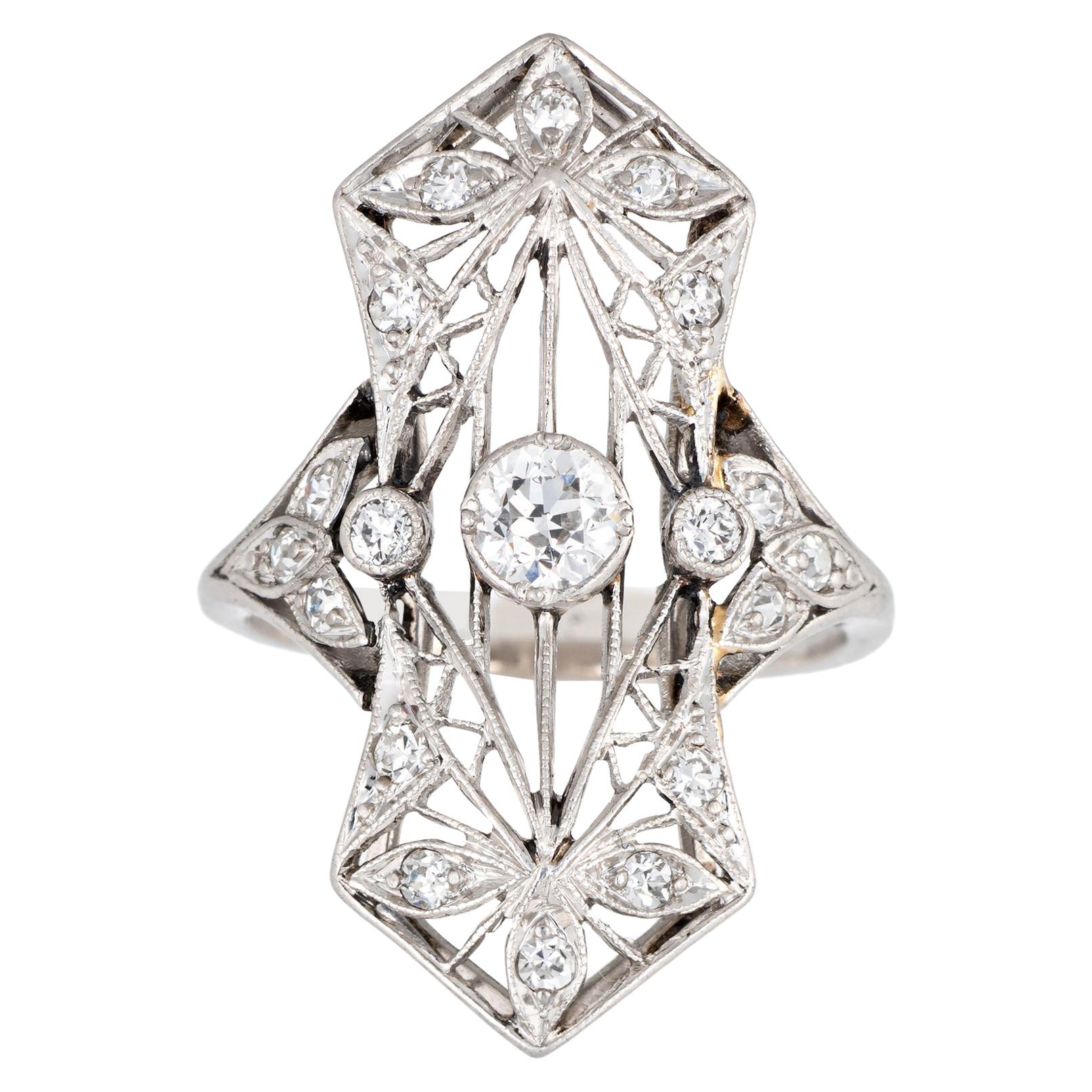 Antique Edwardian Diamond Ring Platinum Flower Design Vintage Plaque Jewelry