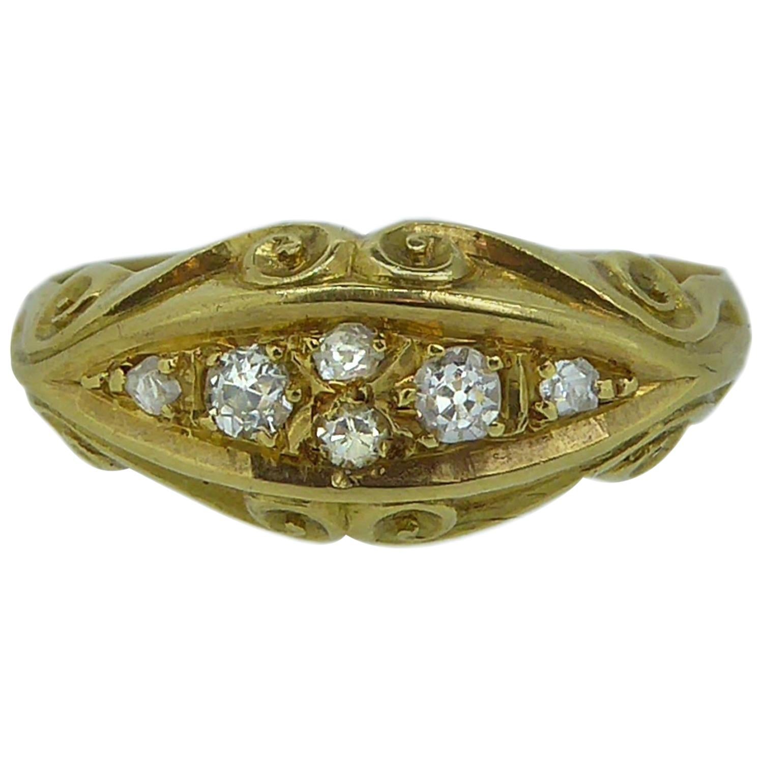 Antique Edwardian Diamond Ring, Scroll Carved Gallery, 18 Carat Gold Birmingham at 1stDibs