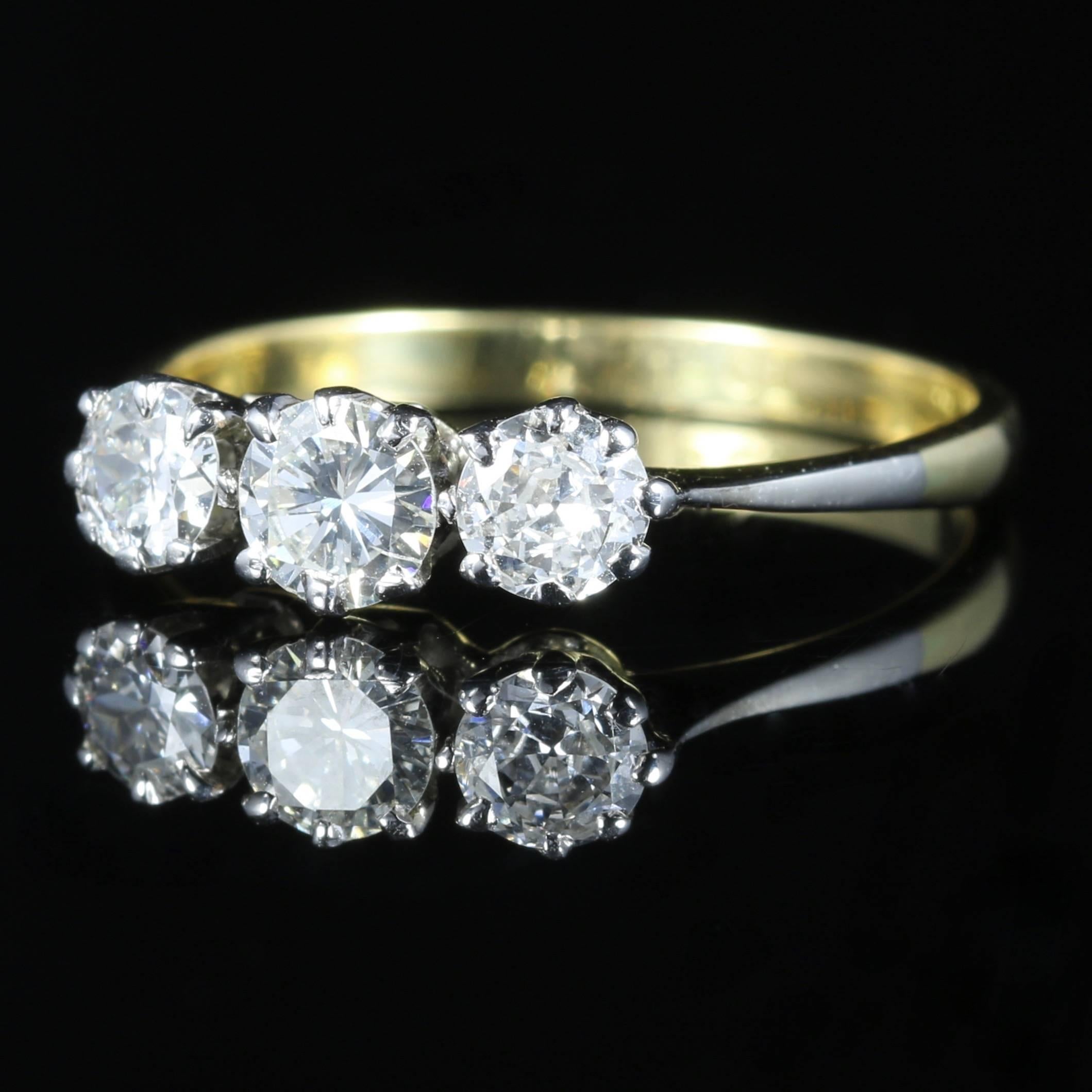 For more details please click continue reading down below...

This fabulous genuine Antique Edwardian Diamond trilogy ring is set in 18ct Yellow Gold and Platinum. Circa 1915 
 
Adorned with 0.80ct of SI1 H Colour Diamond in total, the central