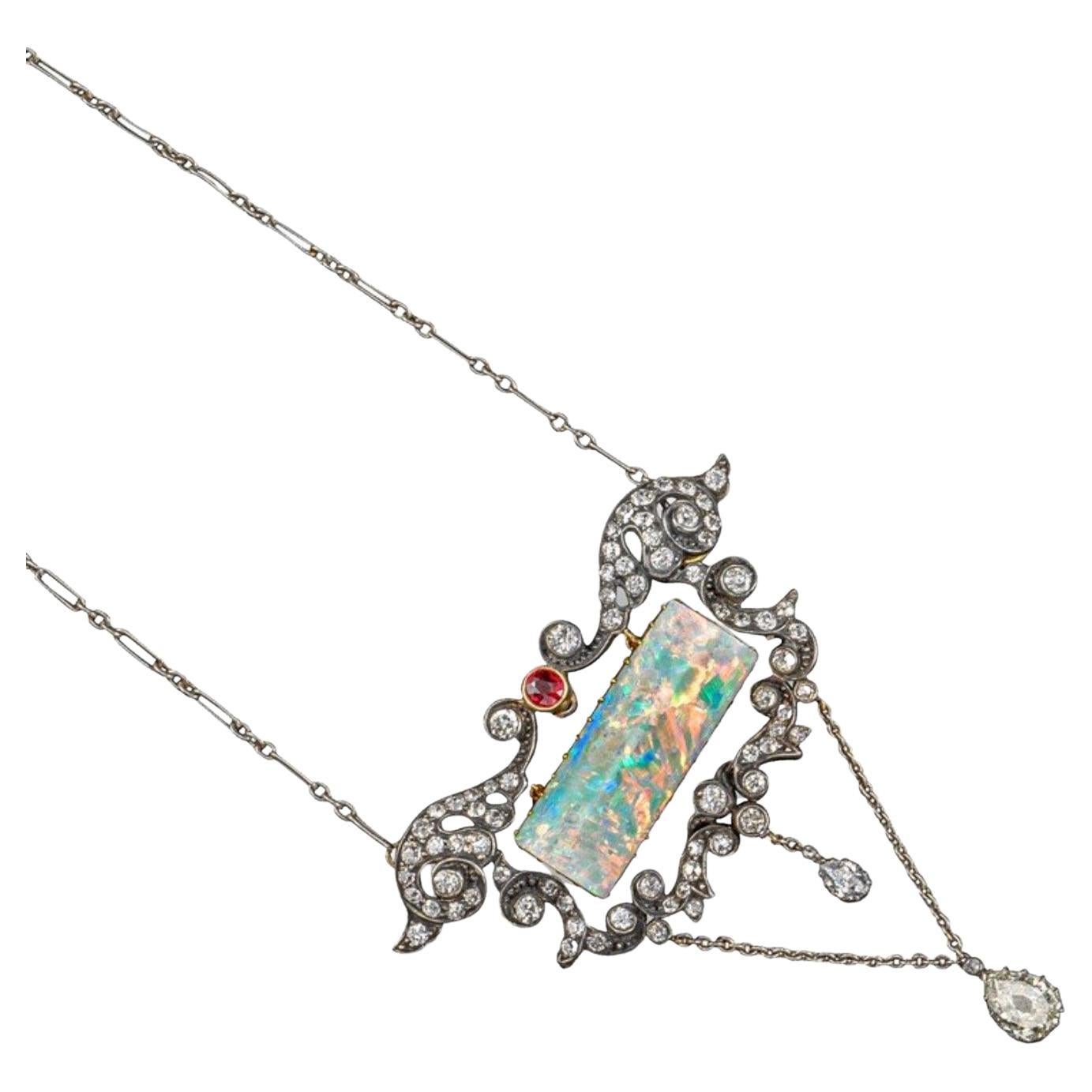 Antique Edwardian Diamond, Ruby and Opal Plaque Pendant For Sale