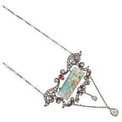 Antique Edwardian Diamond, Ruby and Opal Plaque Pendant