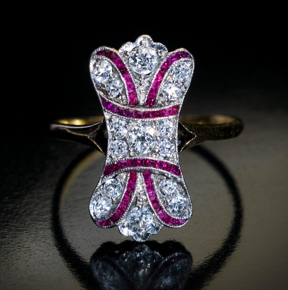 Women's or Men's Antique Edwardian Diamond Ruby Bow Motif Ring