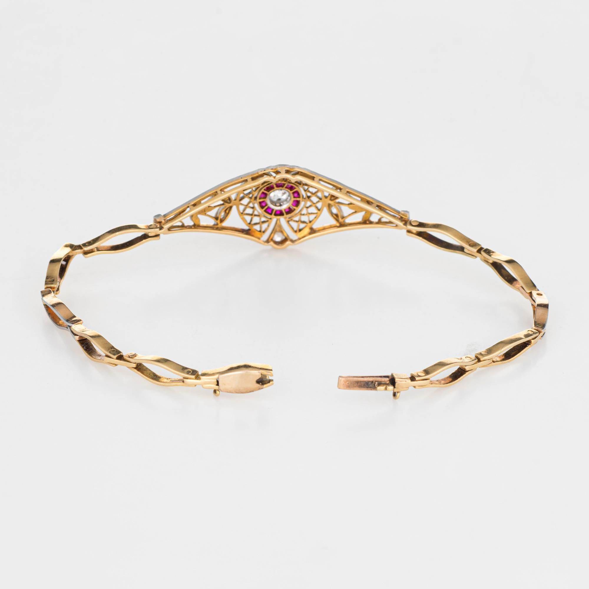 Stylish and elegant antique Edwardian era bracelet (circa 1900s to 1910s) crafted in 14k yellow gold & 900 platinum. 

Centrally mounted Old mine cut diamond is estimated at 0.15 carats, accented with two estimated 0.01 carat rose cut diamonds. The