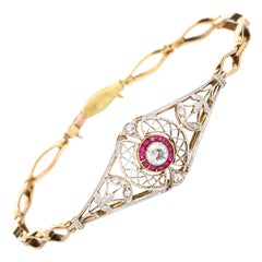 Bracelet édouardien ancien en platine et or 14 carats avec diamants et rubis, bijouterie d'art vintage