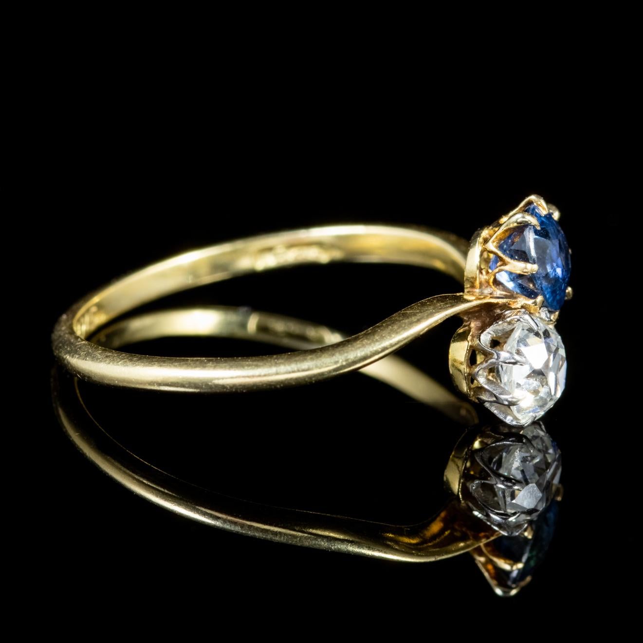 An elegant antique Edwardian ring crowned with a 0.23ct blue Sapphire and complemented by a 0.20ct old cushion cut Diamond. 

The deep royal blue of the Sapphire has been a favourite of kings and royalty throughout history and famously adorned both