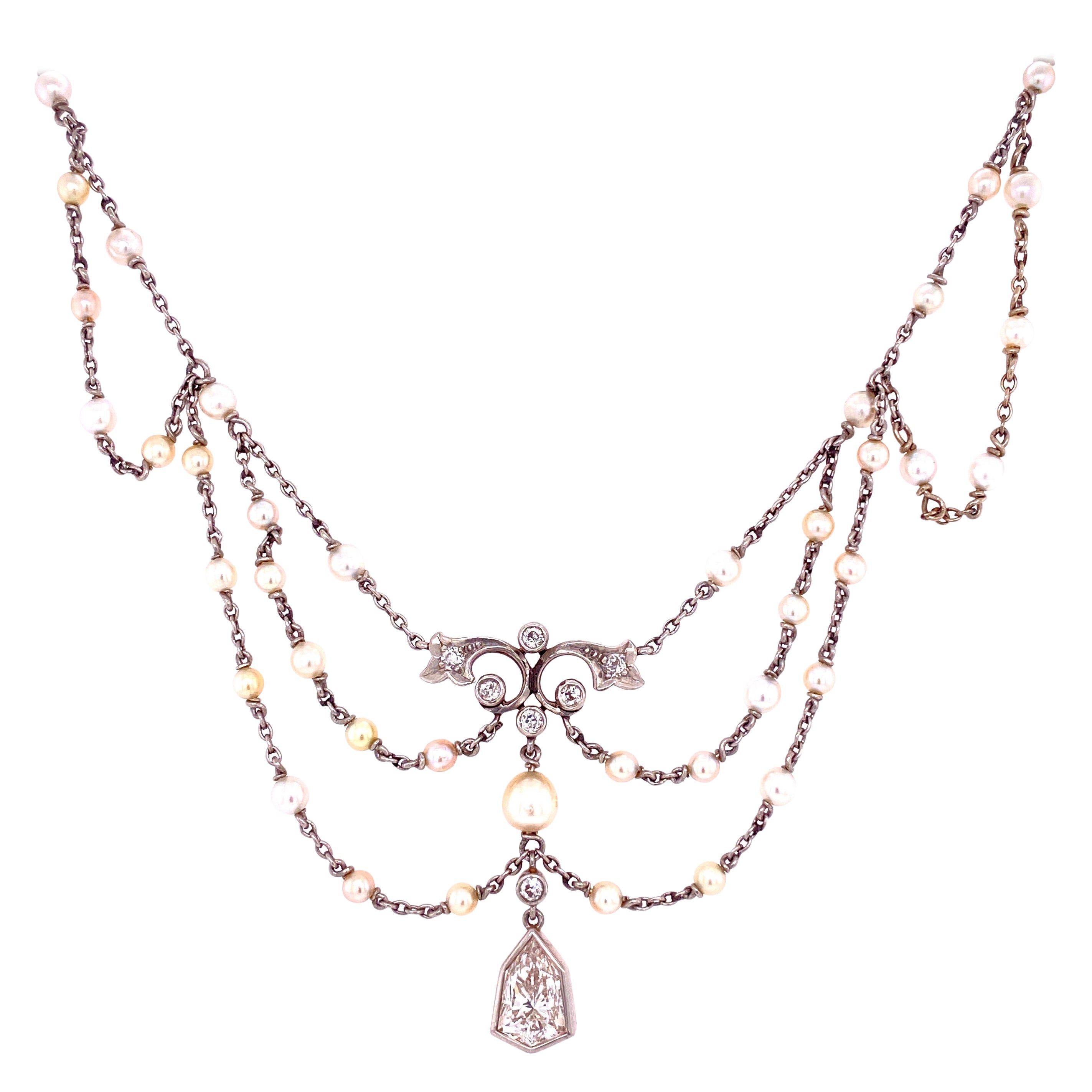 Antiguo Edwardian Diamond Seed Pearl Platino Bib Collar Estate Fine Jewelry