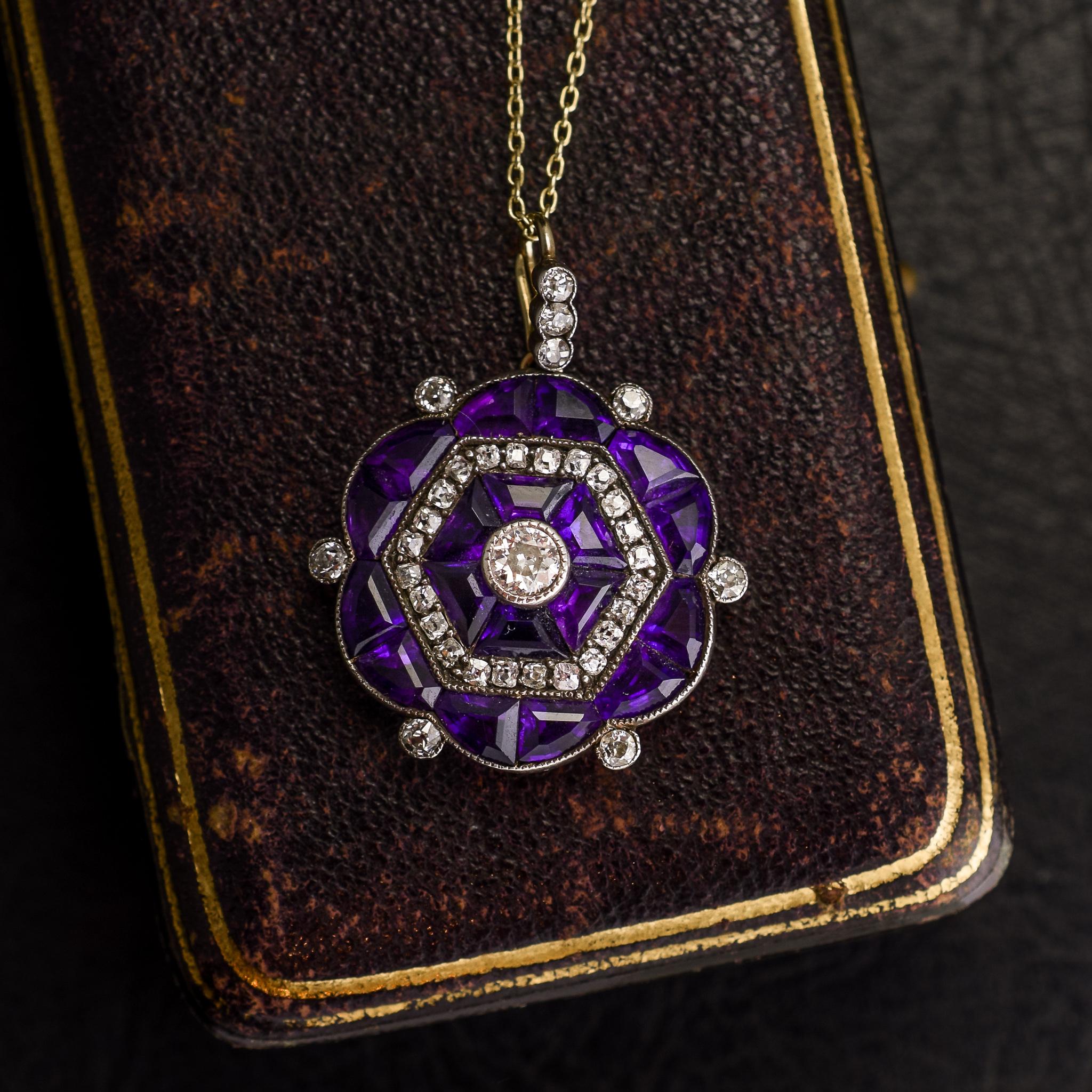 Women's Antique Edwardian Diamond Siberian Amethyst Hexagon Pendant Necklace