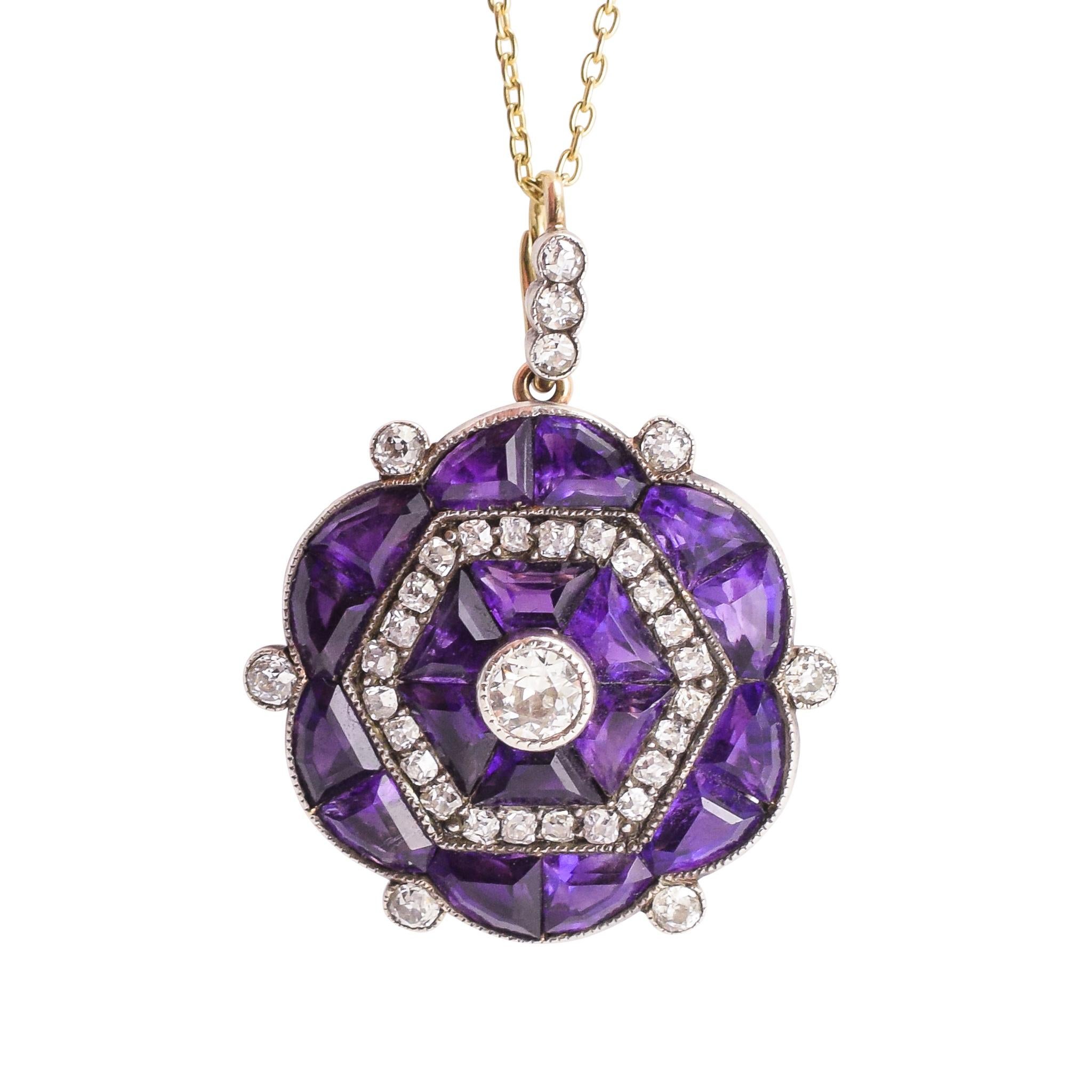 Antique Edwardian Diamond Siberian Amethyst Hexagon Pendant Necklace