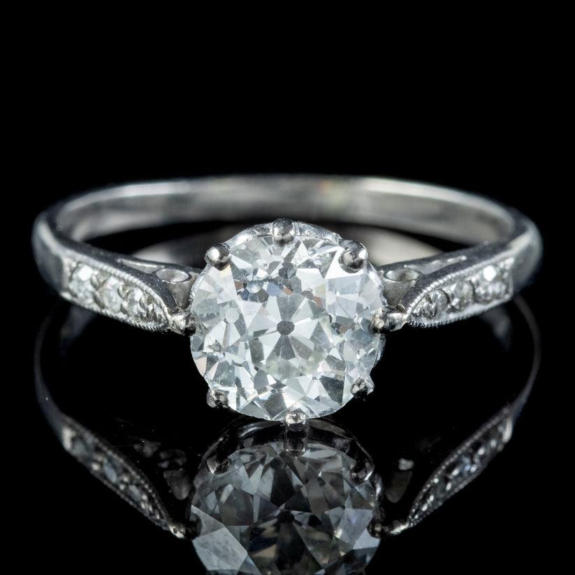 A stunning antique Edwardian solitaire ring from the early 20th Century crowned with a magnificent old European cut diamond weighing approx. 1.46ct. 

The solitaire is bright and full of life and fire, with excellent SI1 clarity – H colour. It’s
