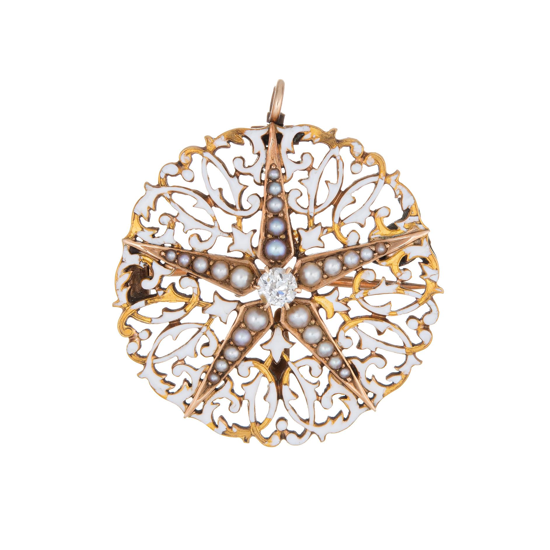 Round Cut Antique Edwardian Diamond Star Pendant White Enamel Seed Pearls Round Brooch For Sale