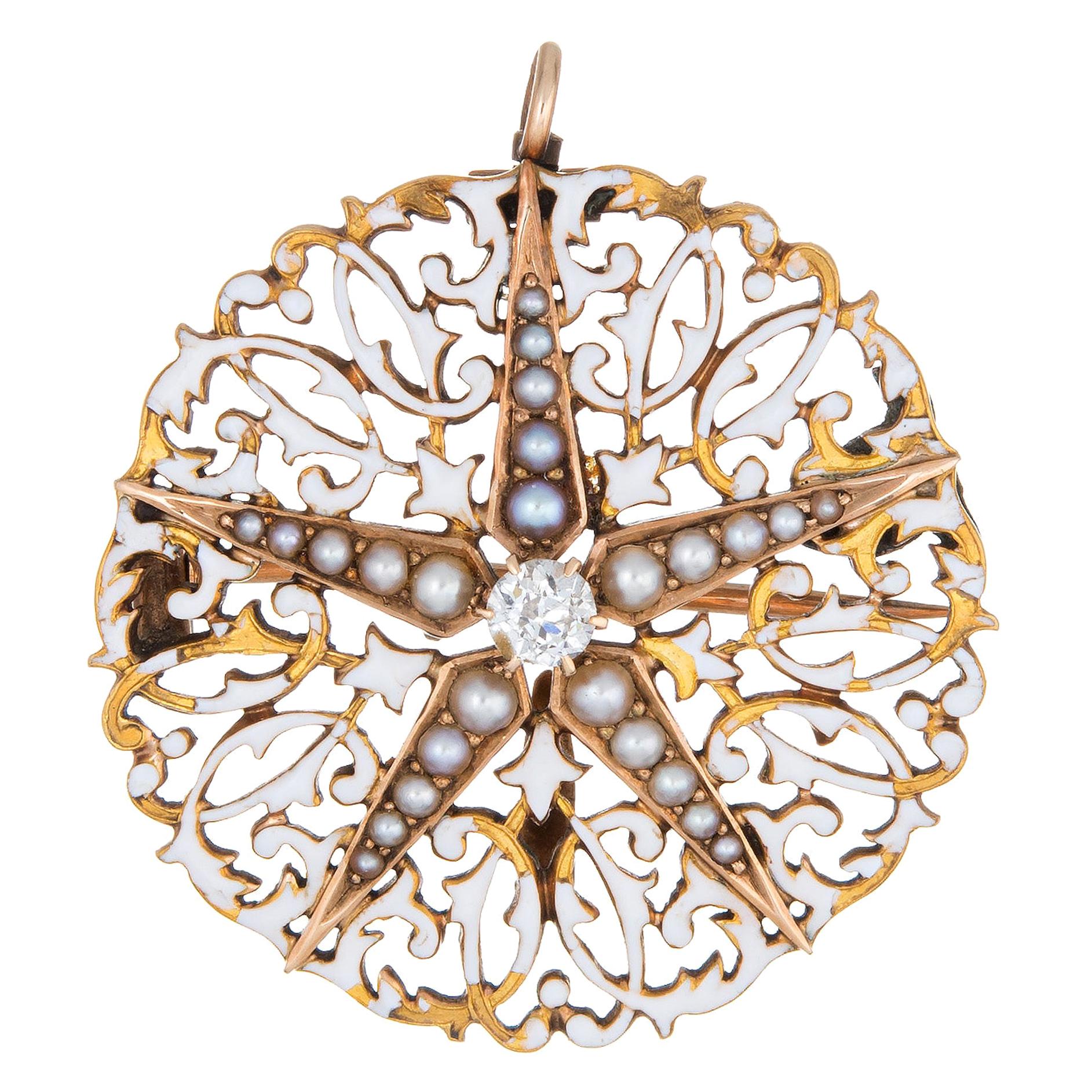 Antique Edwardian Diamond Star Pendant White Enamel Seed Pearls Round Brooch For Sale