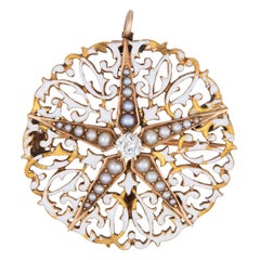 Antique Edwardian Diamond Star Pendant White Enamel Seed Pearls Round Brooch