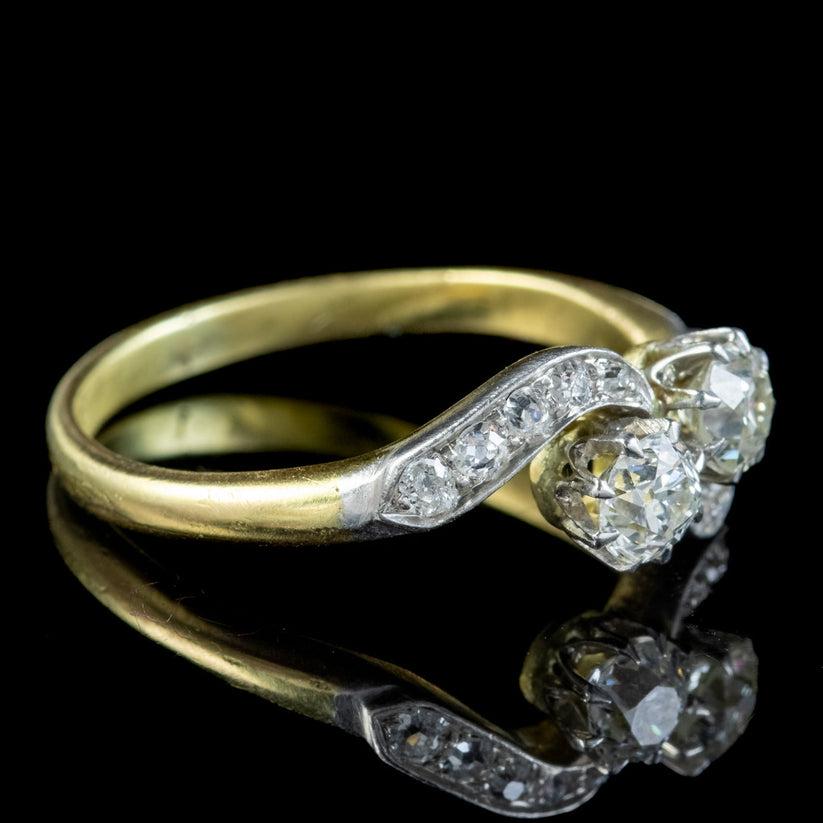 Old European Cut Antique Edwardian Diamond Toi Et Moi Twist Ring 0.66ct Of Diamond For Sale