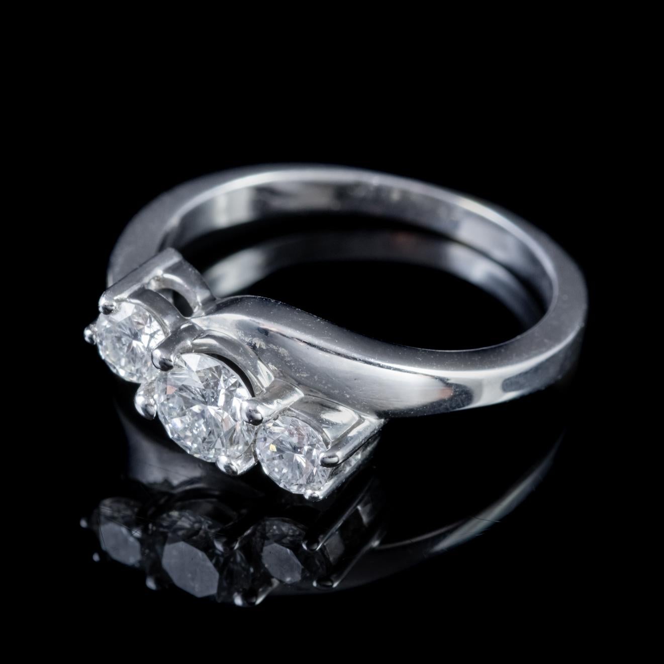 Women's Edwardian Diamond Trilogy Ring 18 Carat White Gold 0.75 Carat Diamond circa 1915 For Sale