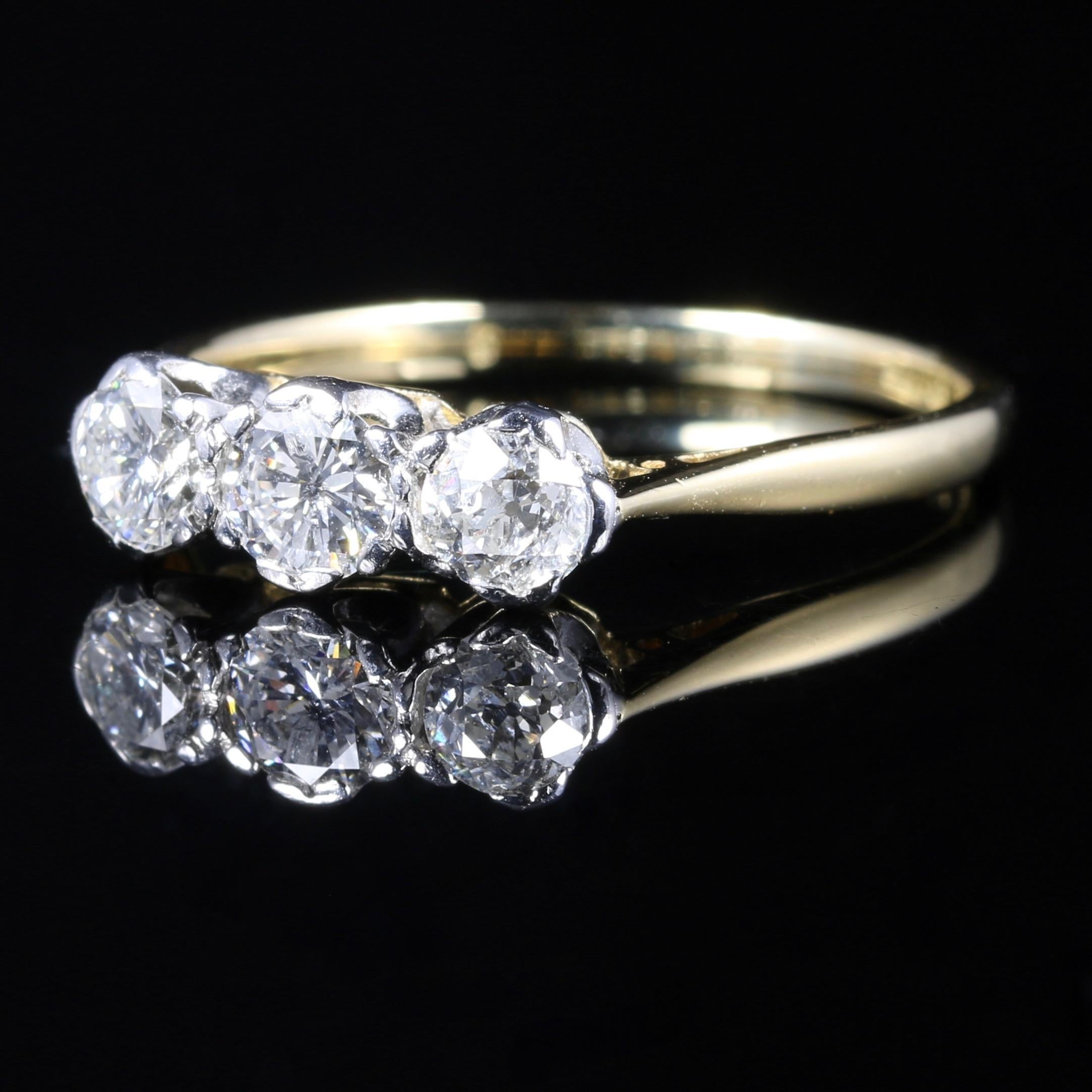 For more details please click continue reading down below...

This gorgeous genuine Edwardian Diamond trilogy ring is antique, Circa 1915.

The ring is set in 18ct Yellow Gold and Platinum.

Adorned with approximately 0.80ct of Diamond in total,
