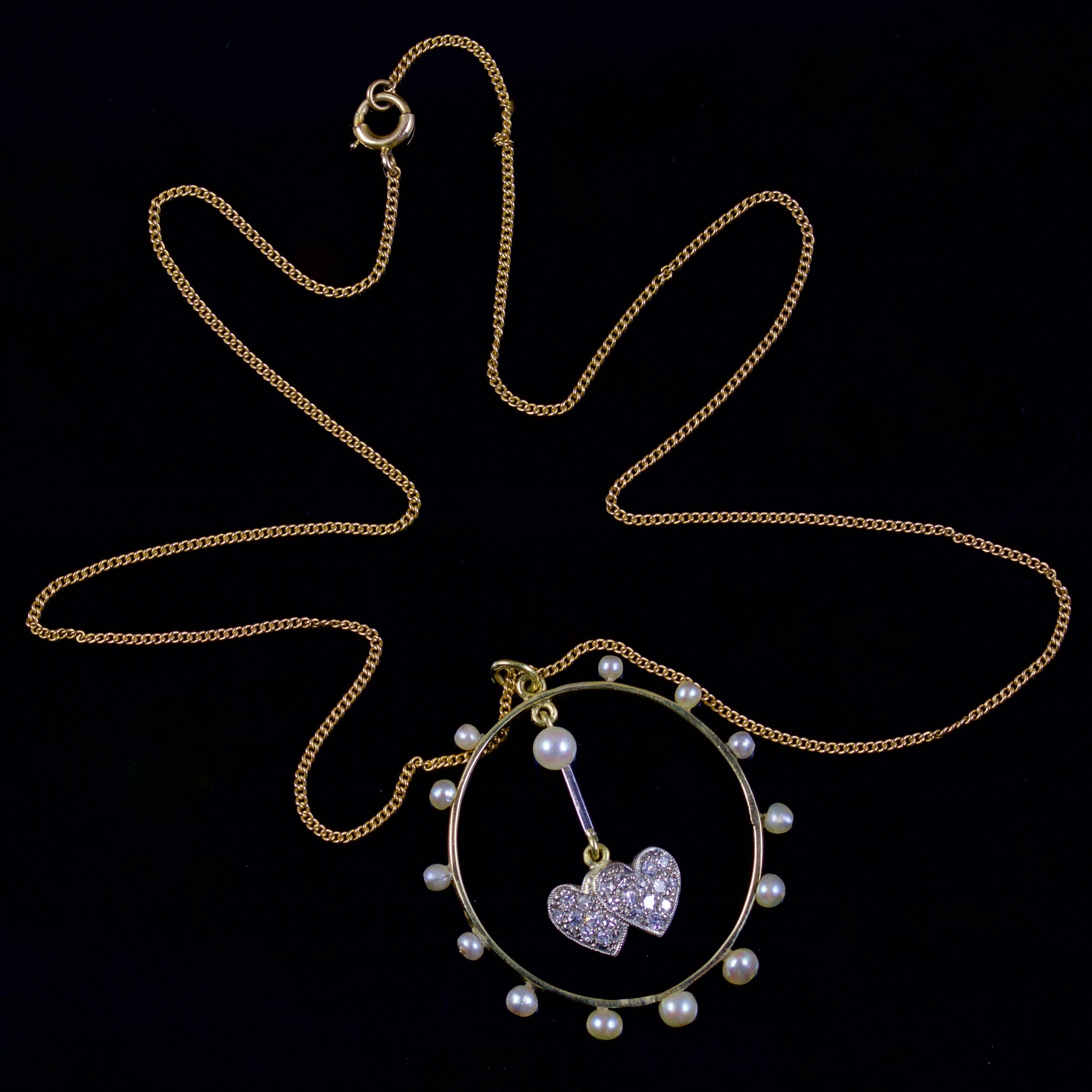 Antique Edwardian Double Heart Diamond Pearl Pendant 18 Carat, circa 1915 In Excellent Condition In Lancaster, Lancashire