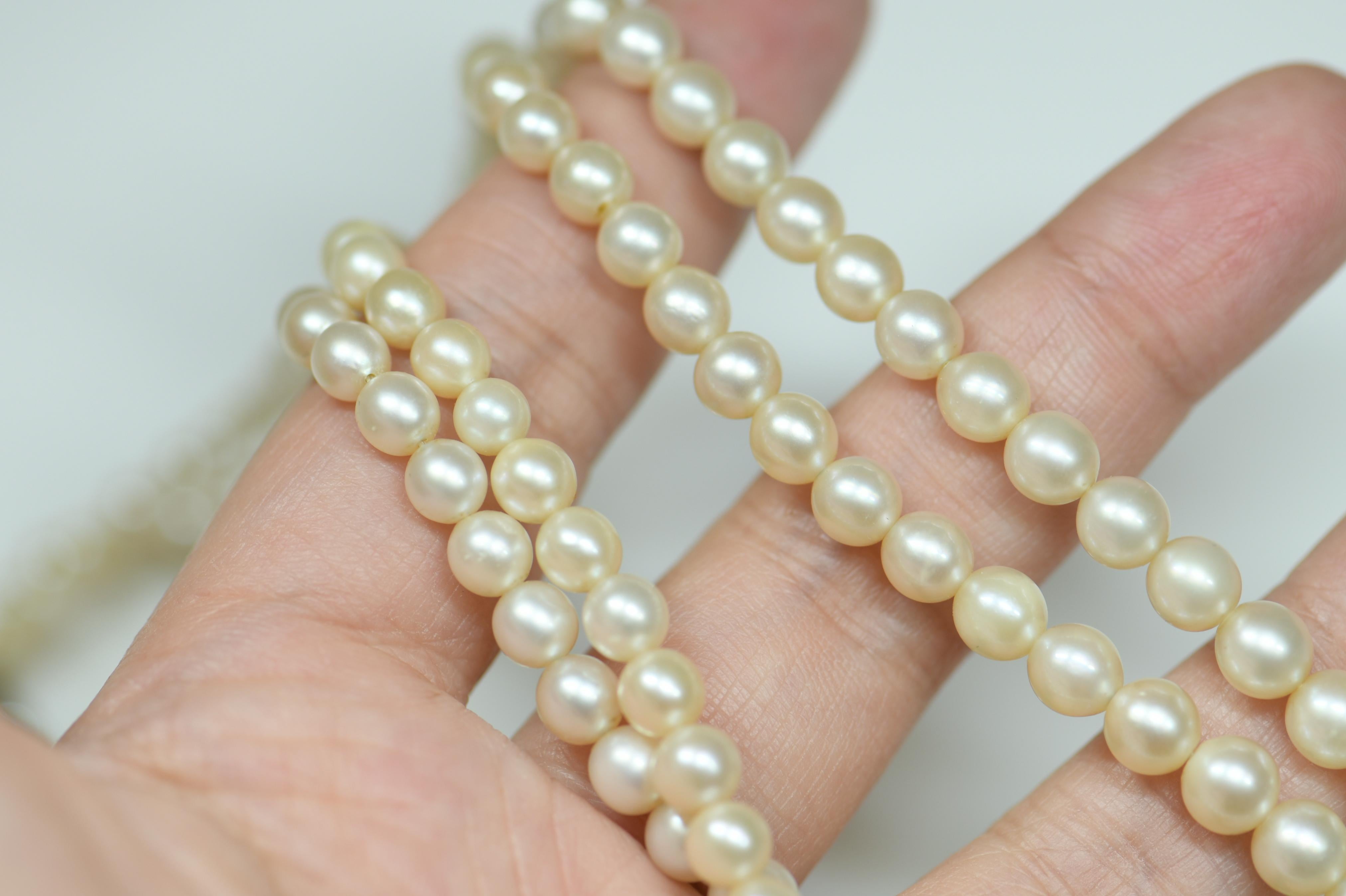 Antique Edwardian Double Strand Cultured Pearl Necklace with Diamond Clasp In Excellent Condition In Banbury, GB
