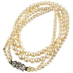 Antique Edwardian Double Strand Cultured Pearl Necklace with Diamond Clasp