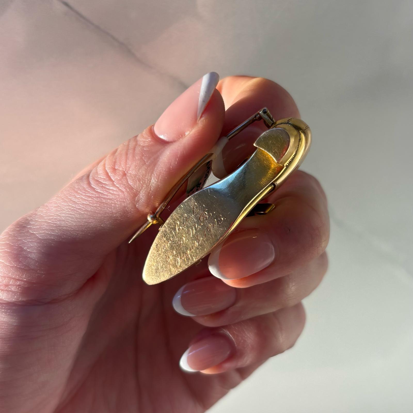 Antique Edwardian Dress Shoe Brooch in 9k Yellow Gold For Sale 3