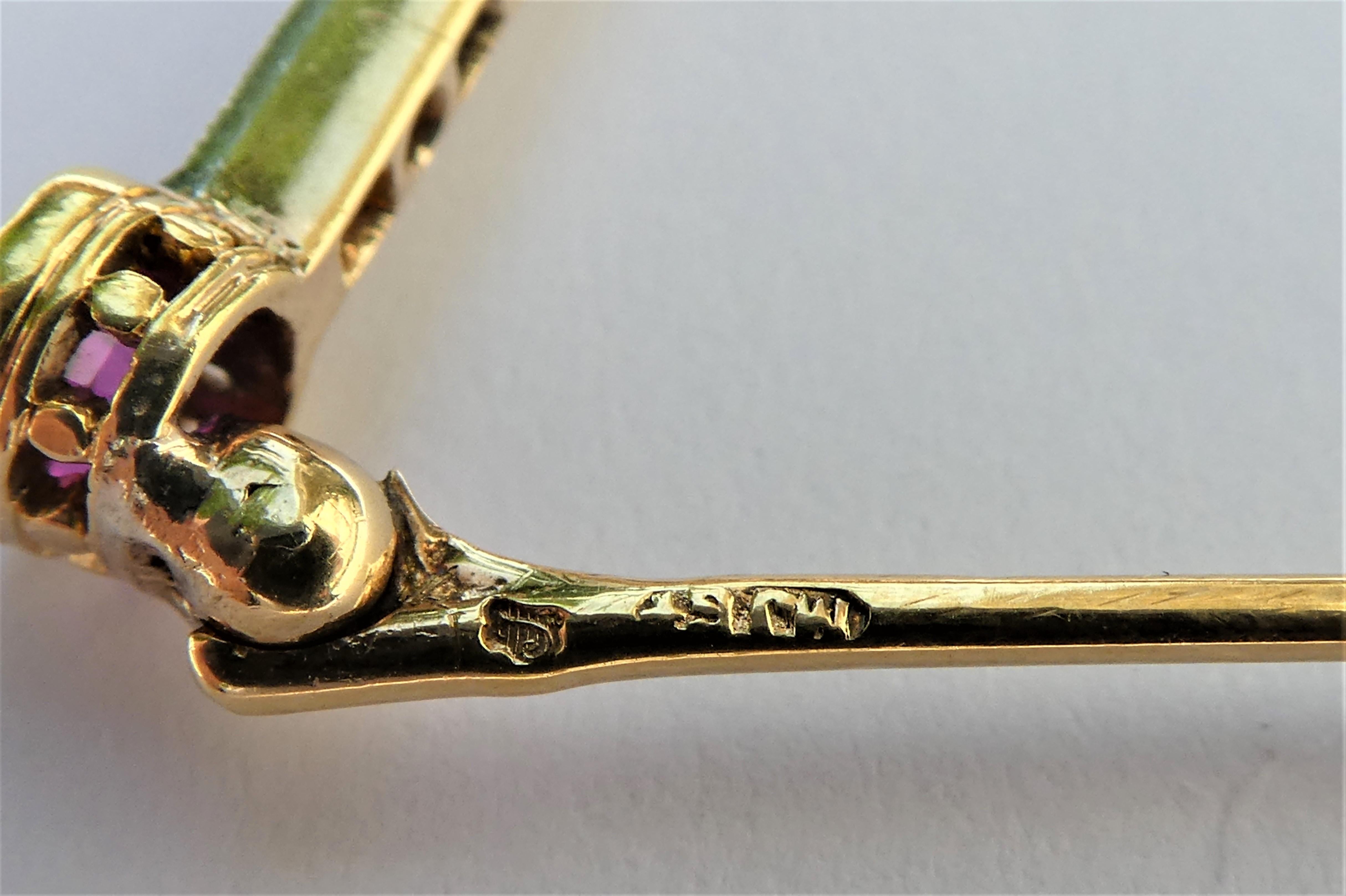 Women's Antique Edwardian Dutch Ruby Diamond 18 Karat Rose Gold Platinum Bar Pin Brooch For Sale