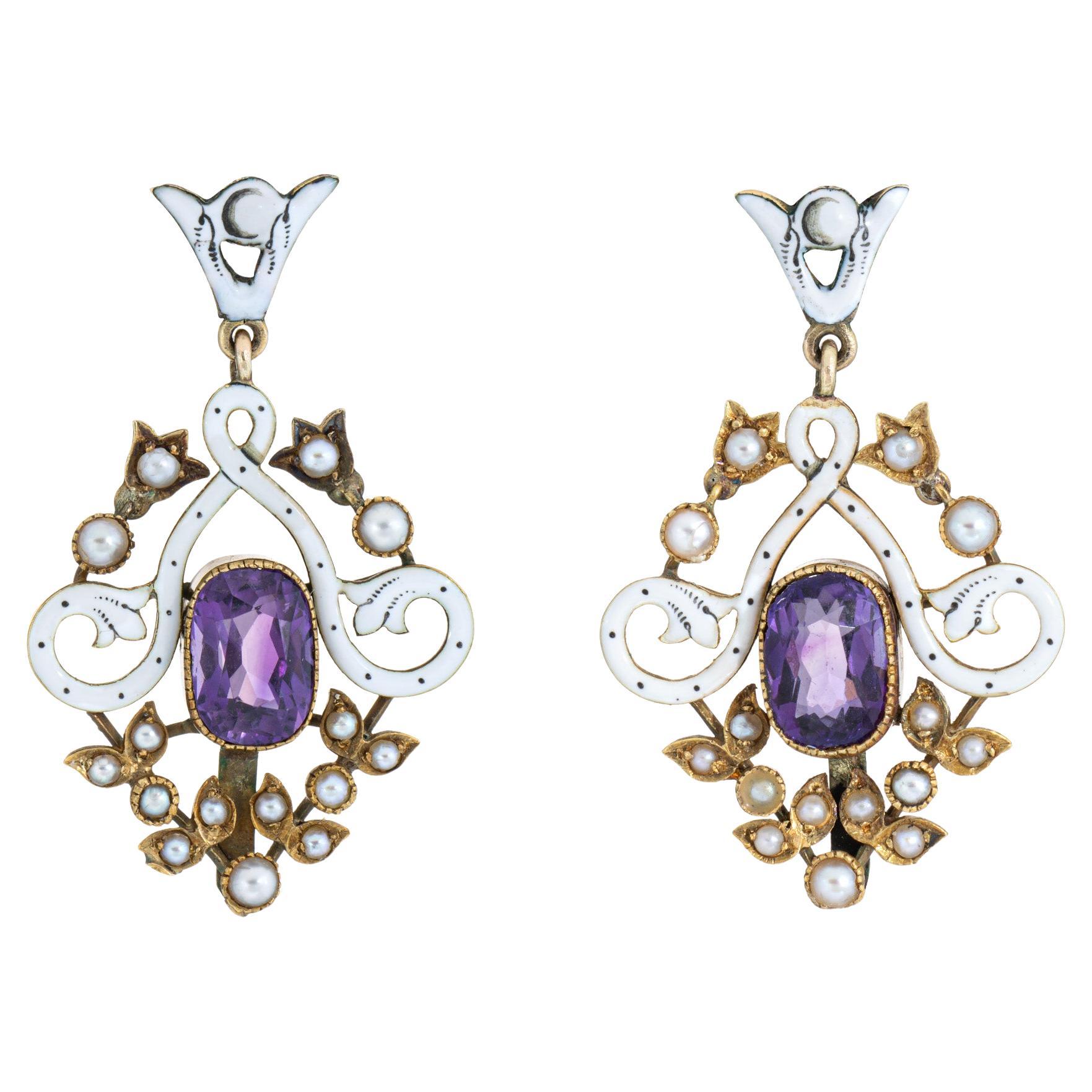 Antique Edwardian Earrings Amethyst White Enamel 14k Yellow Gold 1.5" Drops For Sale