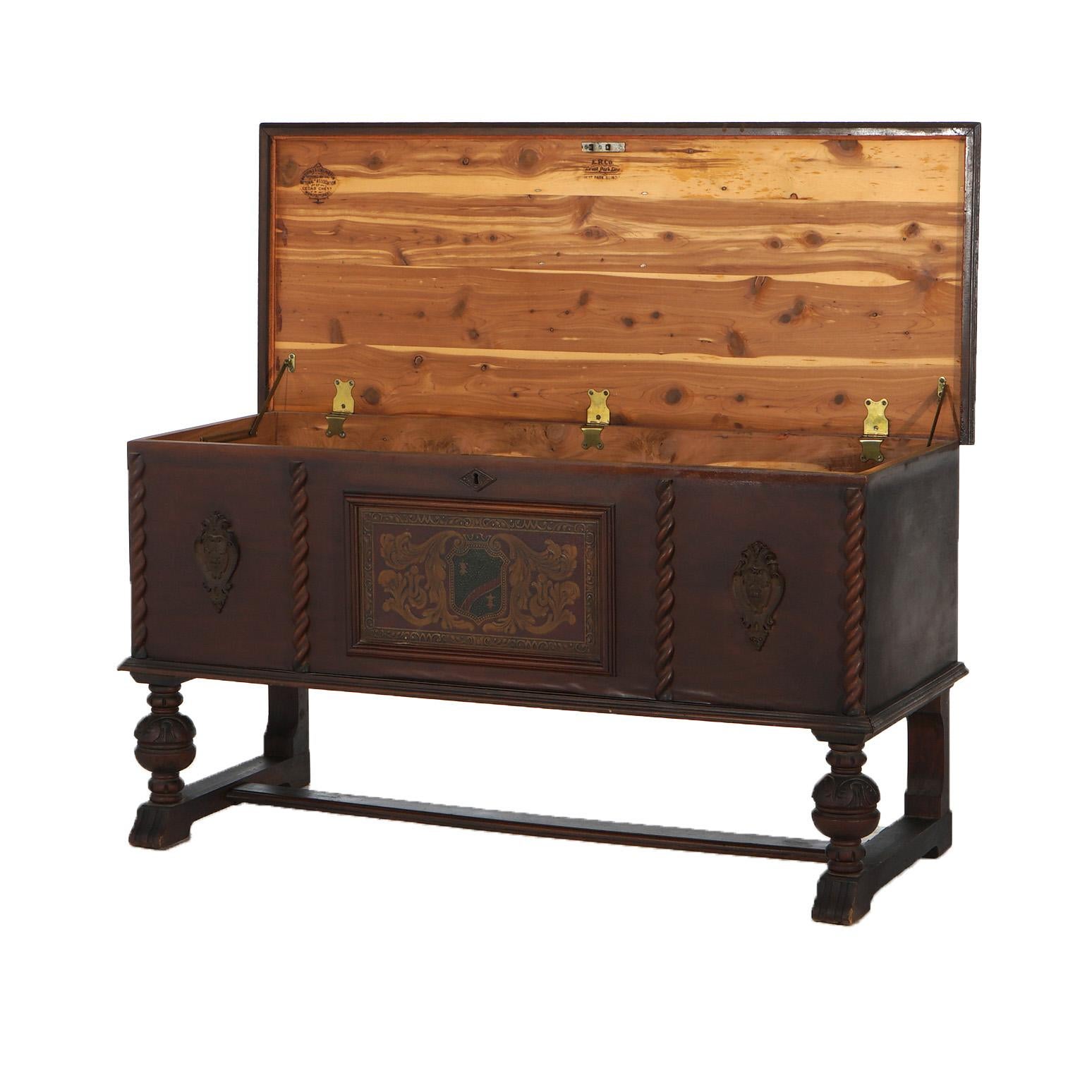 Antique Edwardian  Ed Roos Co. Carved Walnut & Cedar Lined Blanket Chest with Shield & Floral Decoration, Balustrade Legs, and Certificate C1930

Measures - 26h x 36w x 19d